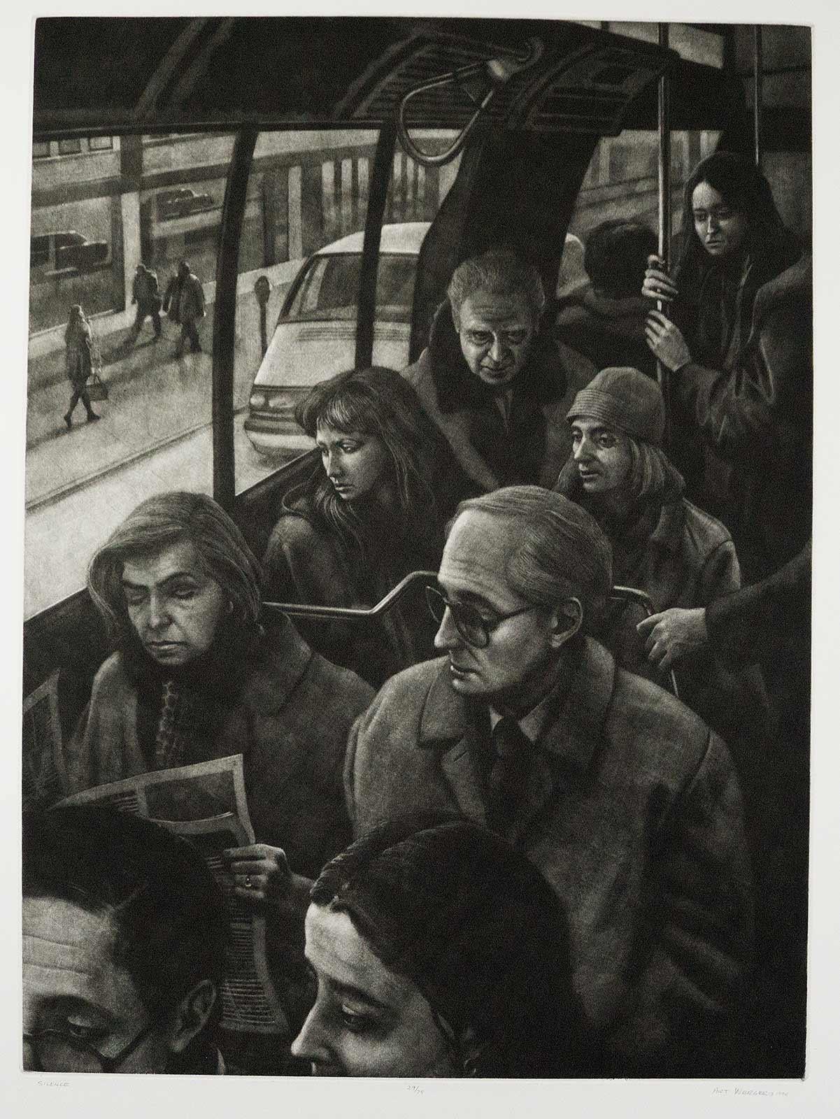 Silence shows commuters riding on a city bus, some reading and some observing the passing life on the street. This  is printed in a limited edition of 75.  
Art Werger’s lyrical suburban scenes are evocative of boyhood summer evenings while his city
