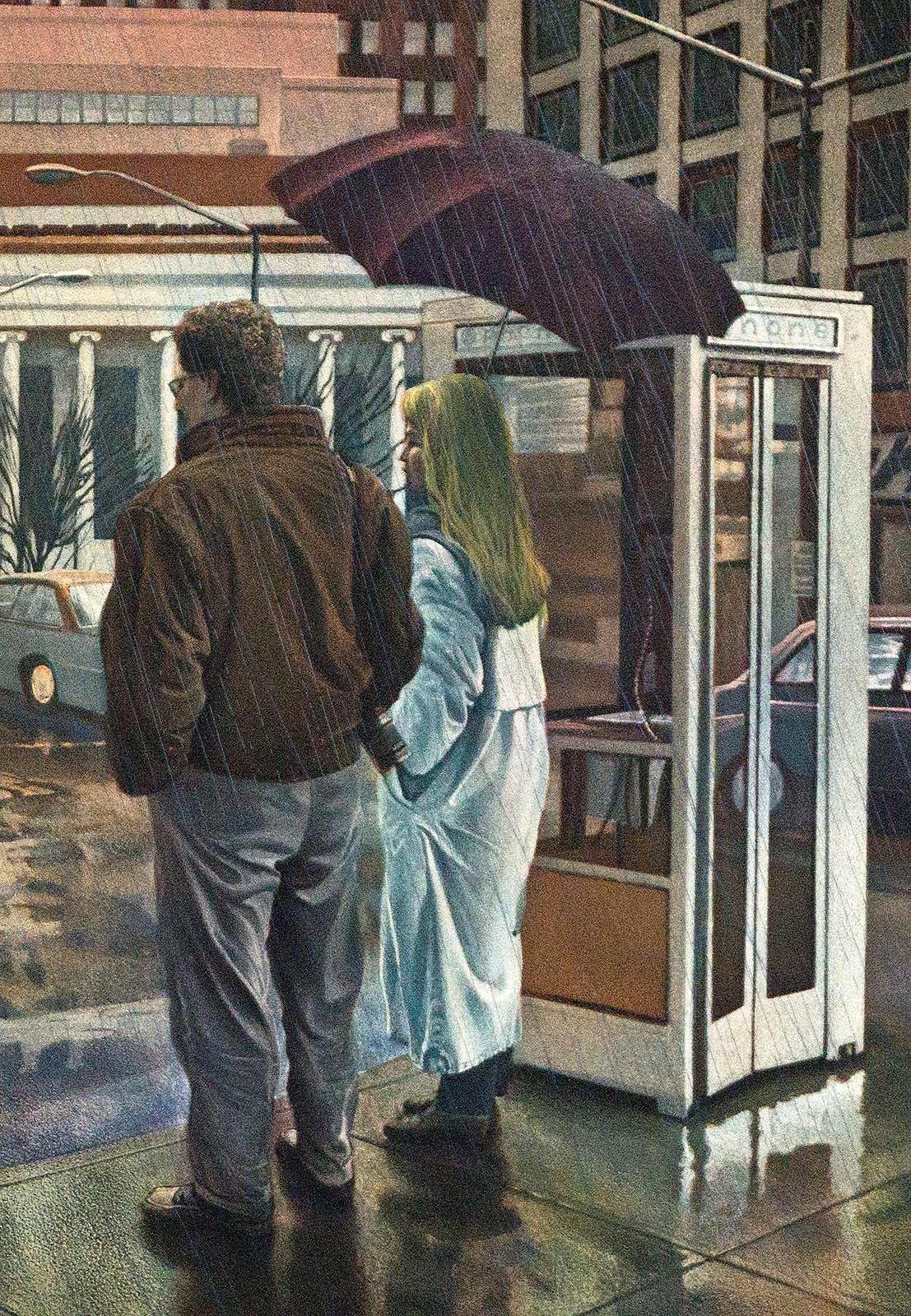 Steady Rain (Rain is falling on a street in Baltimore, MD and umbrellas are out) - Print by Art Werger
