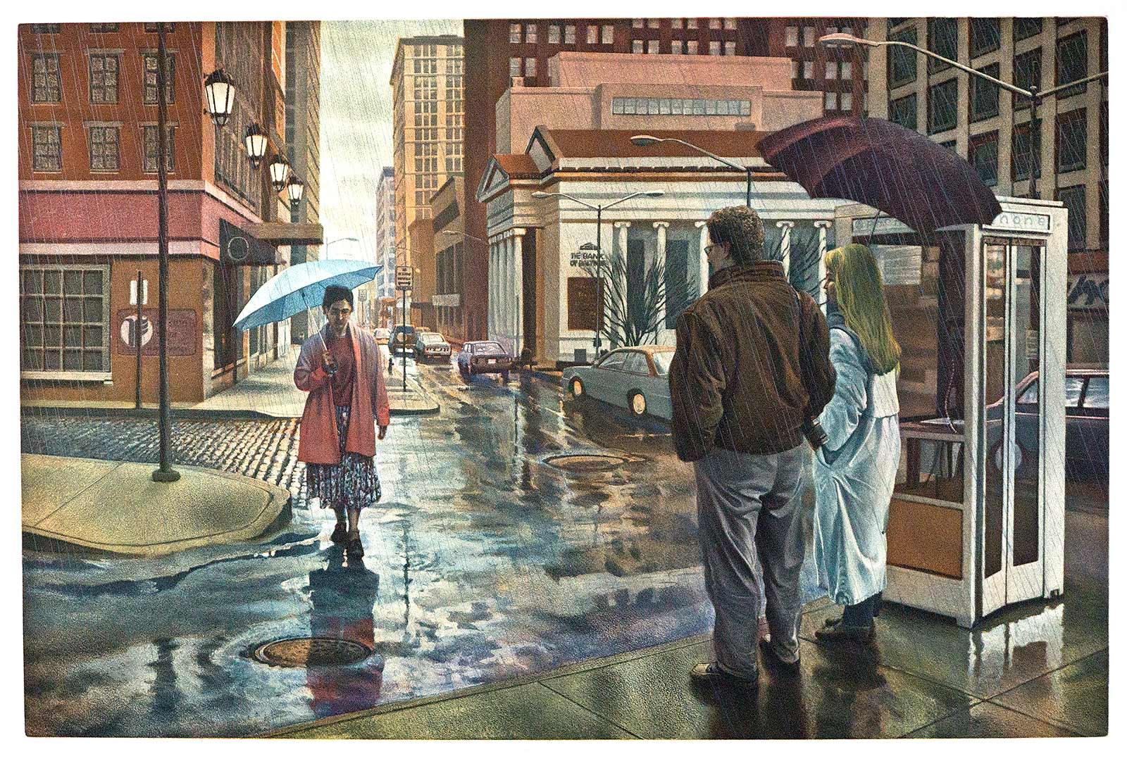 Steady Rain (Rain is falling on a street in Baltimore, MD and umbrellas are out) - Gray Landscape Print by Art Werger