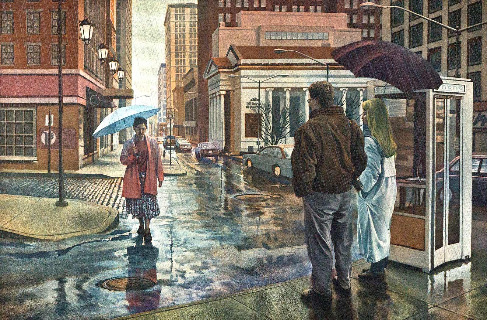 Art Werger Landscape Print - Steady Rain (Rain is falling on a street in Baltimore, MD and umbrellas are out)