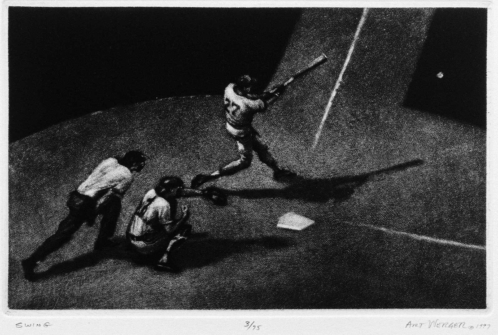 Swing (The swing of the bat from #27 a right handed hitter. Play Baseball! - Black Landscape Print by Art Werger