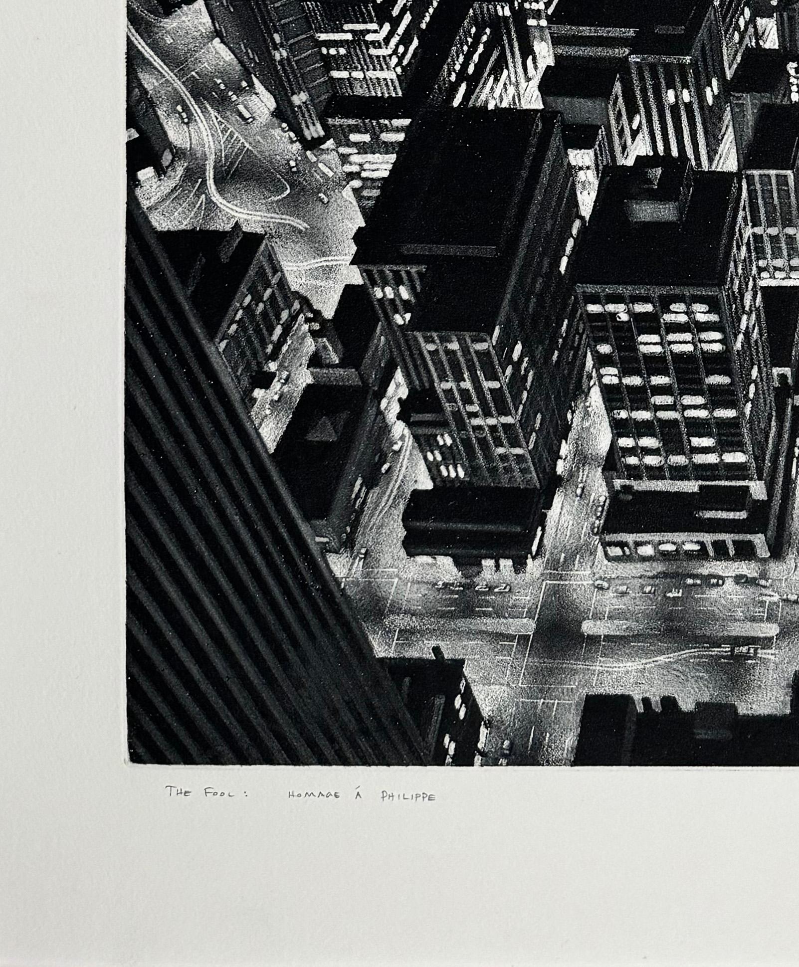 Medium: Etching with aquatint
Year: 2024
Edition: 25
Image Size: 24 x 18 inches
Signed, titled and numbered in pencil by the artist

Dramatic etching of high wire walker Philippe Petit performing his walk between the Twin Towers in New York. From
