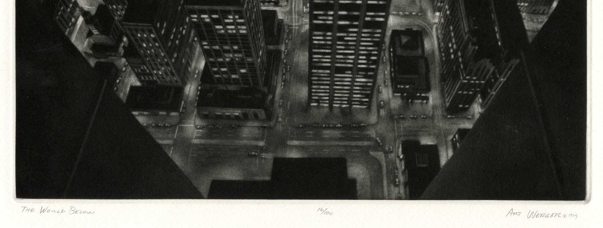 The World Below (view of lower Manhattan from observation deck of Twin Towers) - Print by Art Werger
