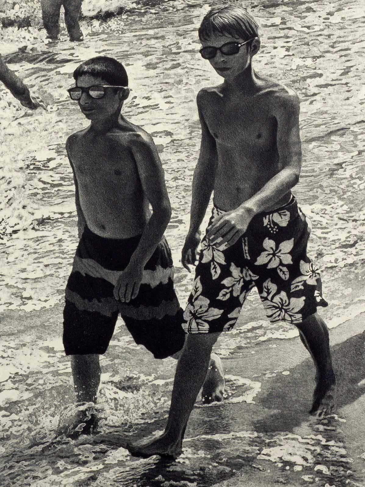 Tidal Shift # 1 (Young bathers stroll on beach with others out in surf Montauk) - Print by Art Werger