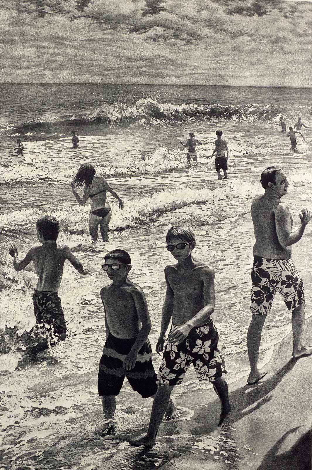 Tidal Shift # 1 (Young bathers stroll on beach with others out in surf Montauk)