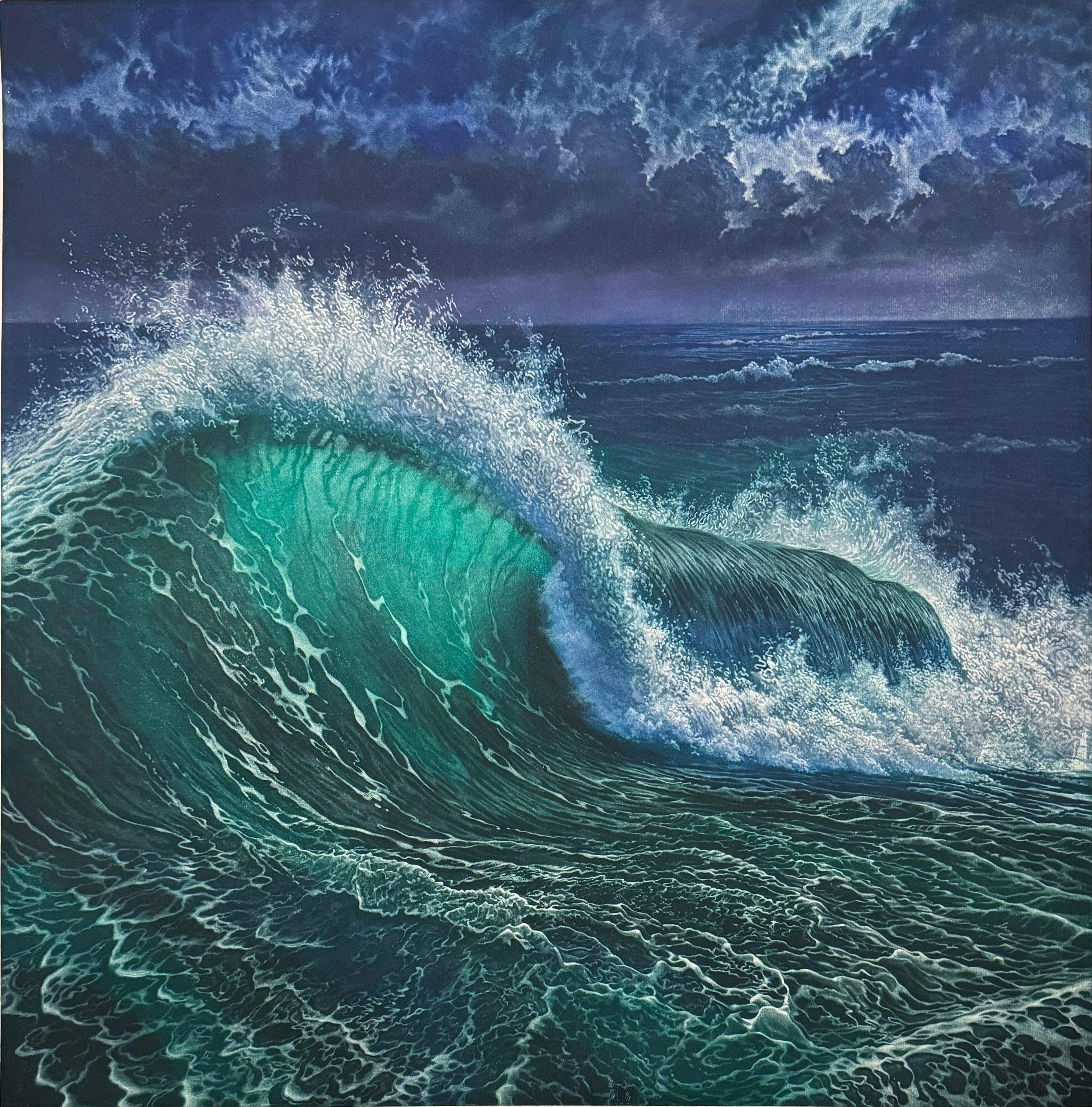 A spectacular wave breaking under a stormy sky . Werger's mezzotint prints are masterful at capturing a mood, and suggesting a story for the viewer to complete. Signed and numbered from the edition of 40.  

Werger has received over 250 awards in