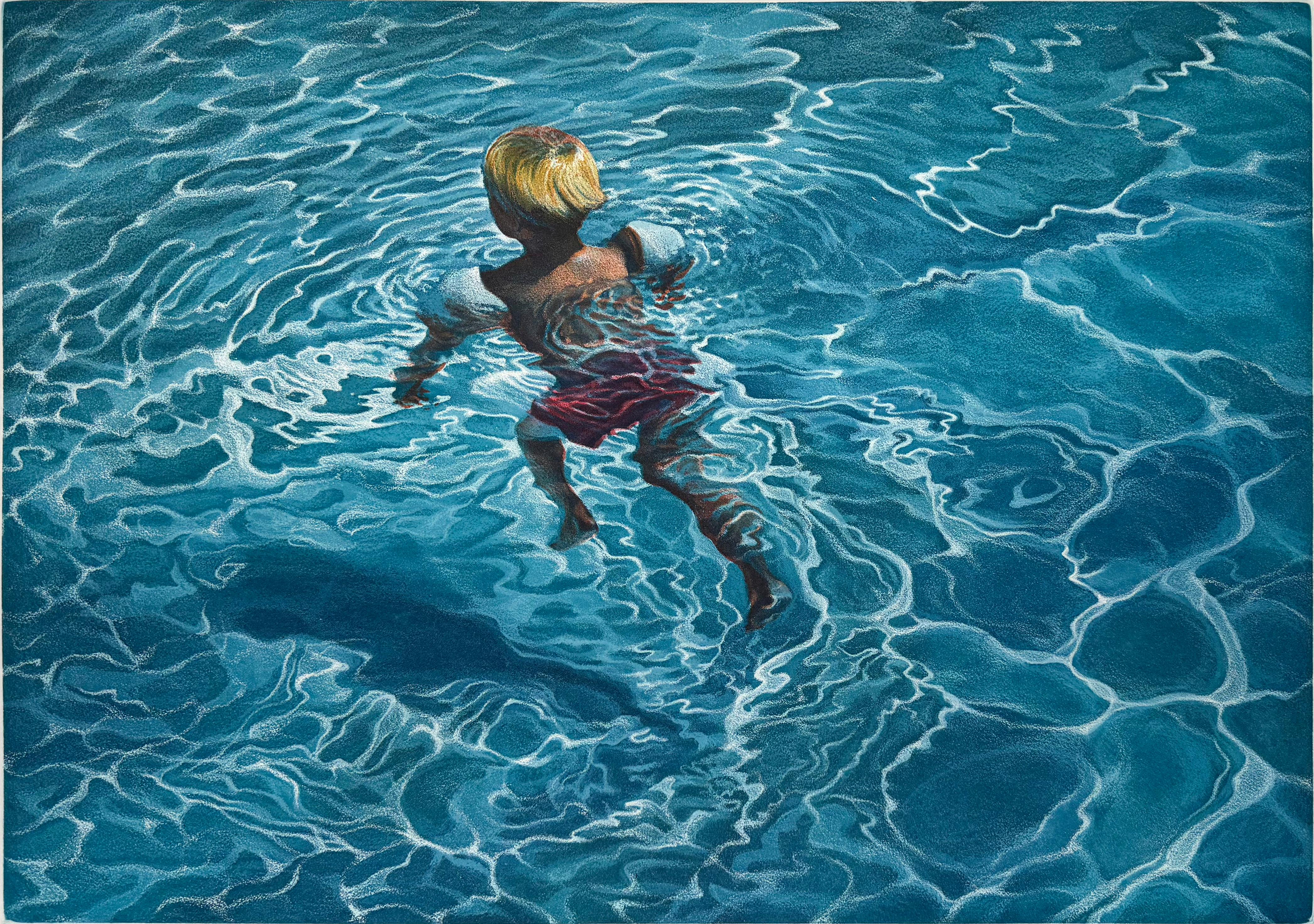 In Waterwings, Art Werger captures the ever-shifting surface of a swimming pool as a young child is seen seen from above, the child’s blond hair glows in the sun, with red swim trunks and white floatation bands punctuating the cool expanse of
