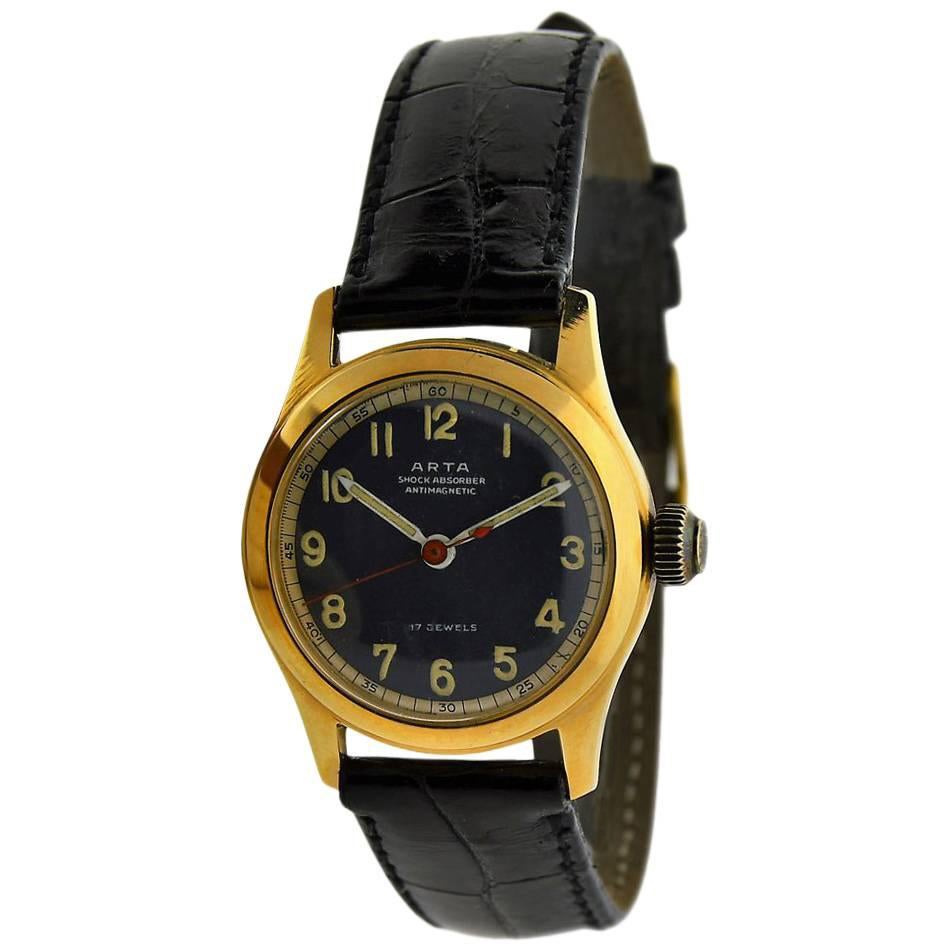 Arta Gelbgold Original-Zifferblatt-Uhr mit Handaufzug, 1950er Jahre