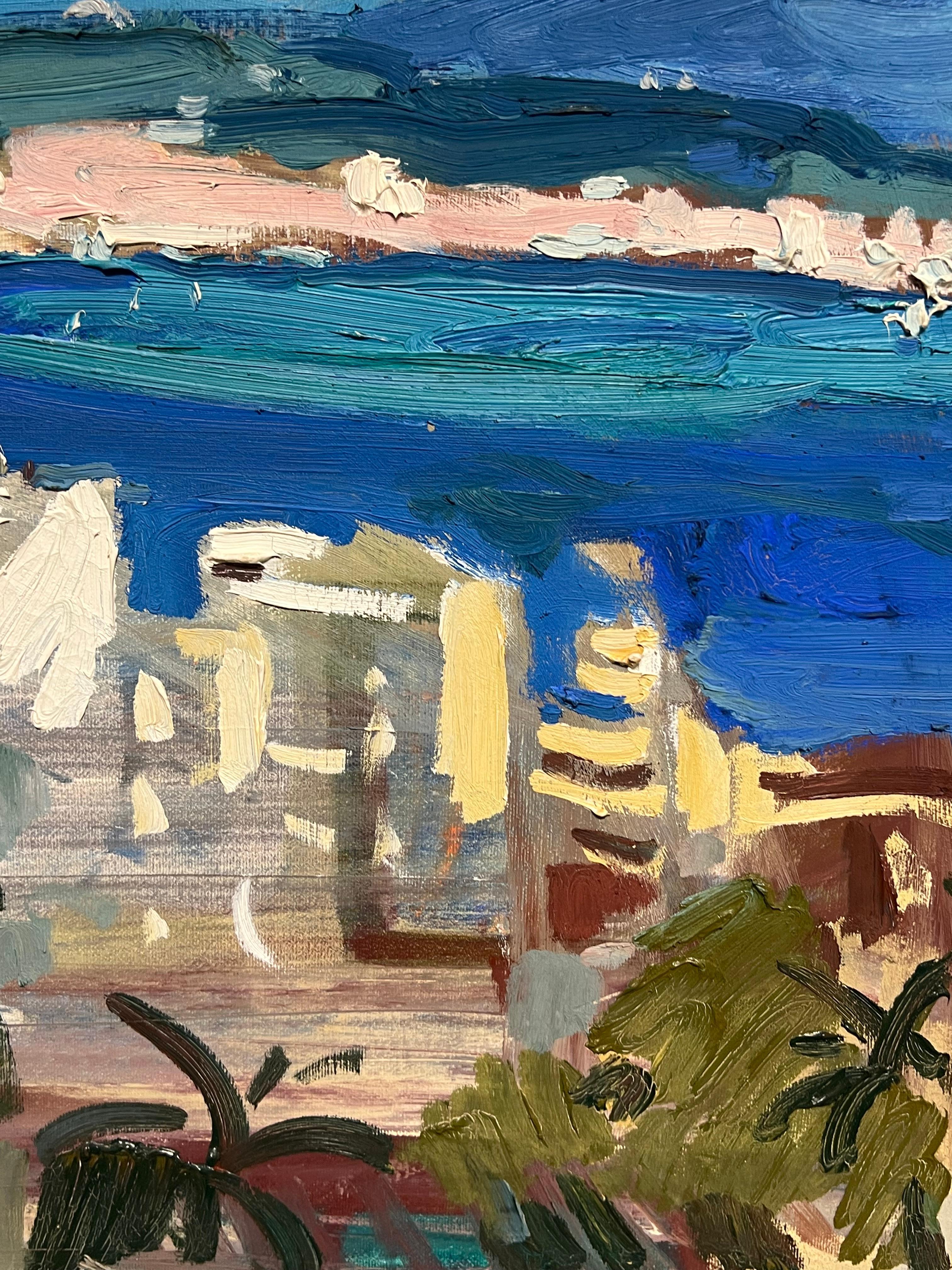 Peinture à l'huile moderniste française Nice Coastal Mediterranean French Rivera City - Post-impressionnisme Painting par Artan Shabani