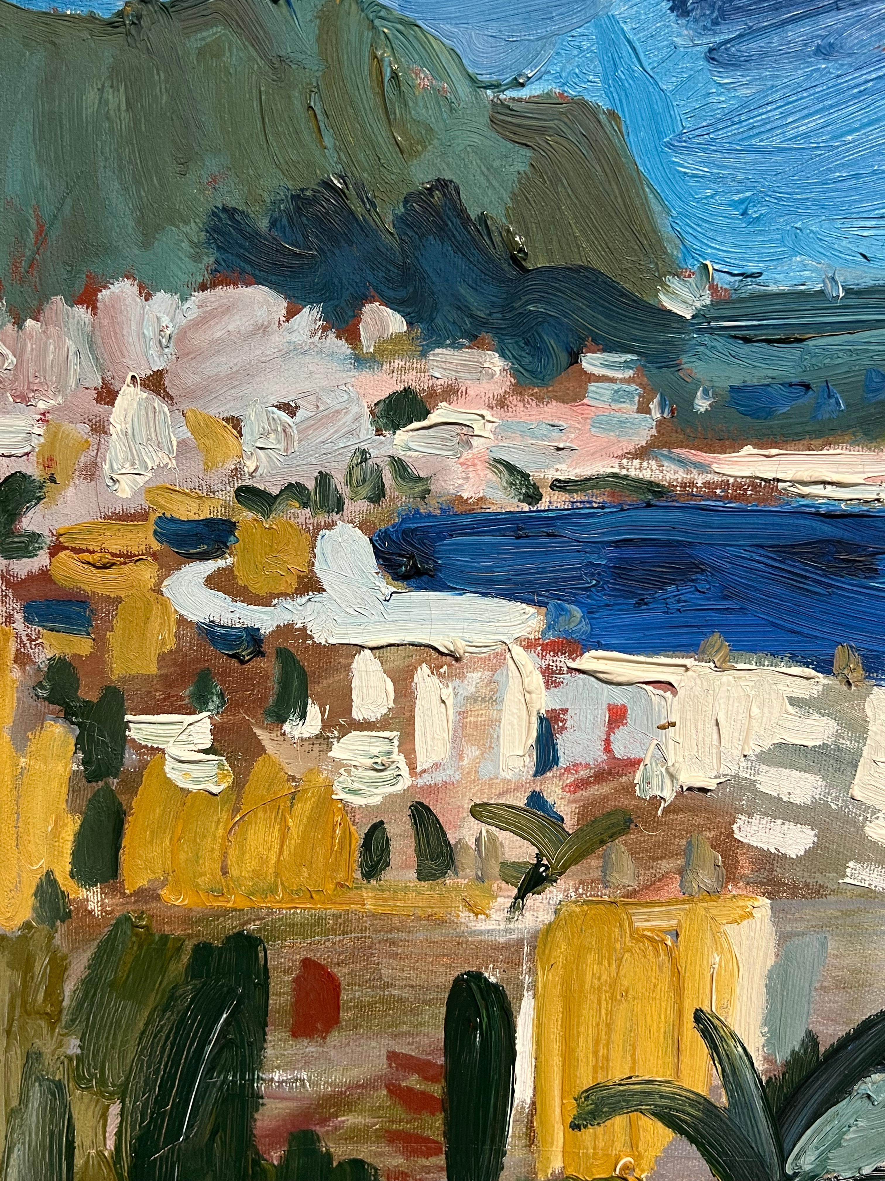 Peinture à l'huile moderniste française Nice Coastal Mediterranean French Rivera City - Gris Landscape Painting par Artan Shabani