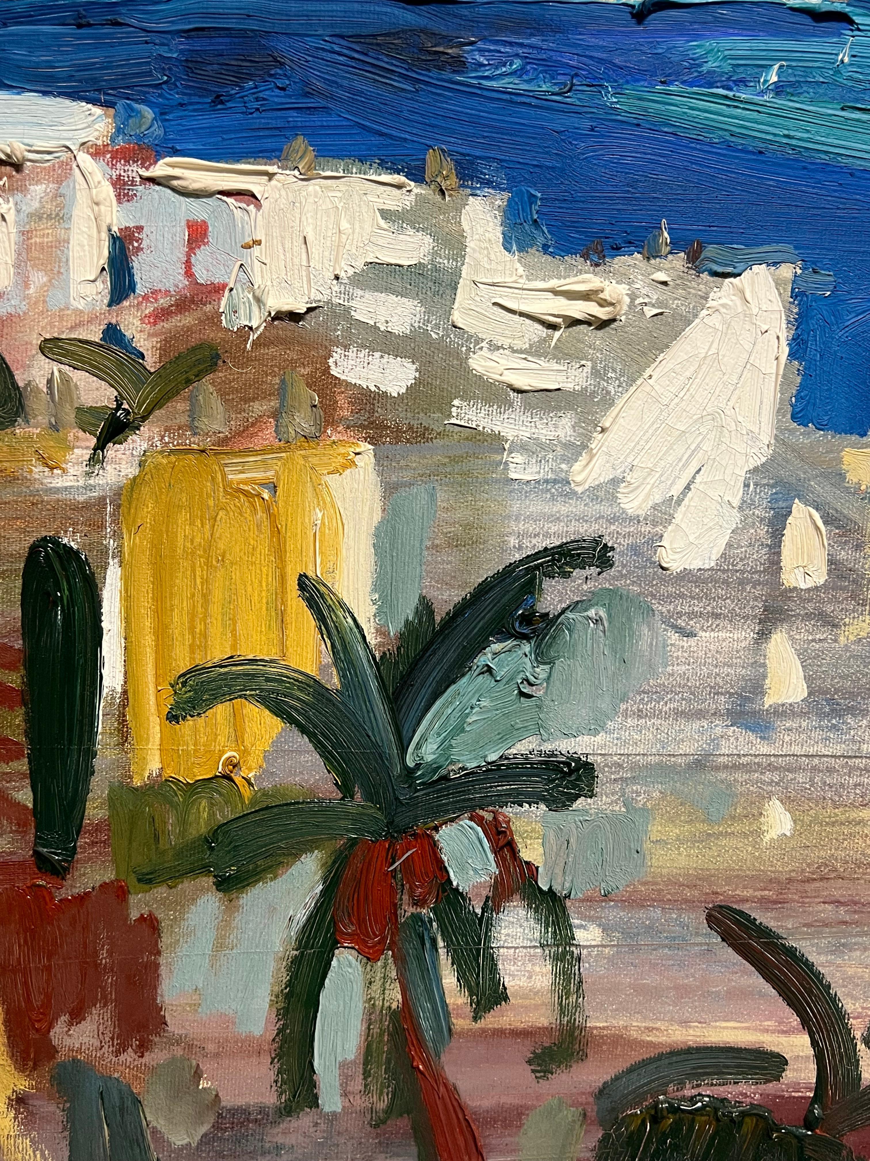 Peinture à l'huile moderniste française Nice Coastal Mediterranean French Rivera City en vente 1
