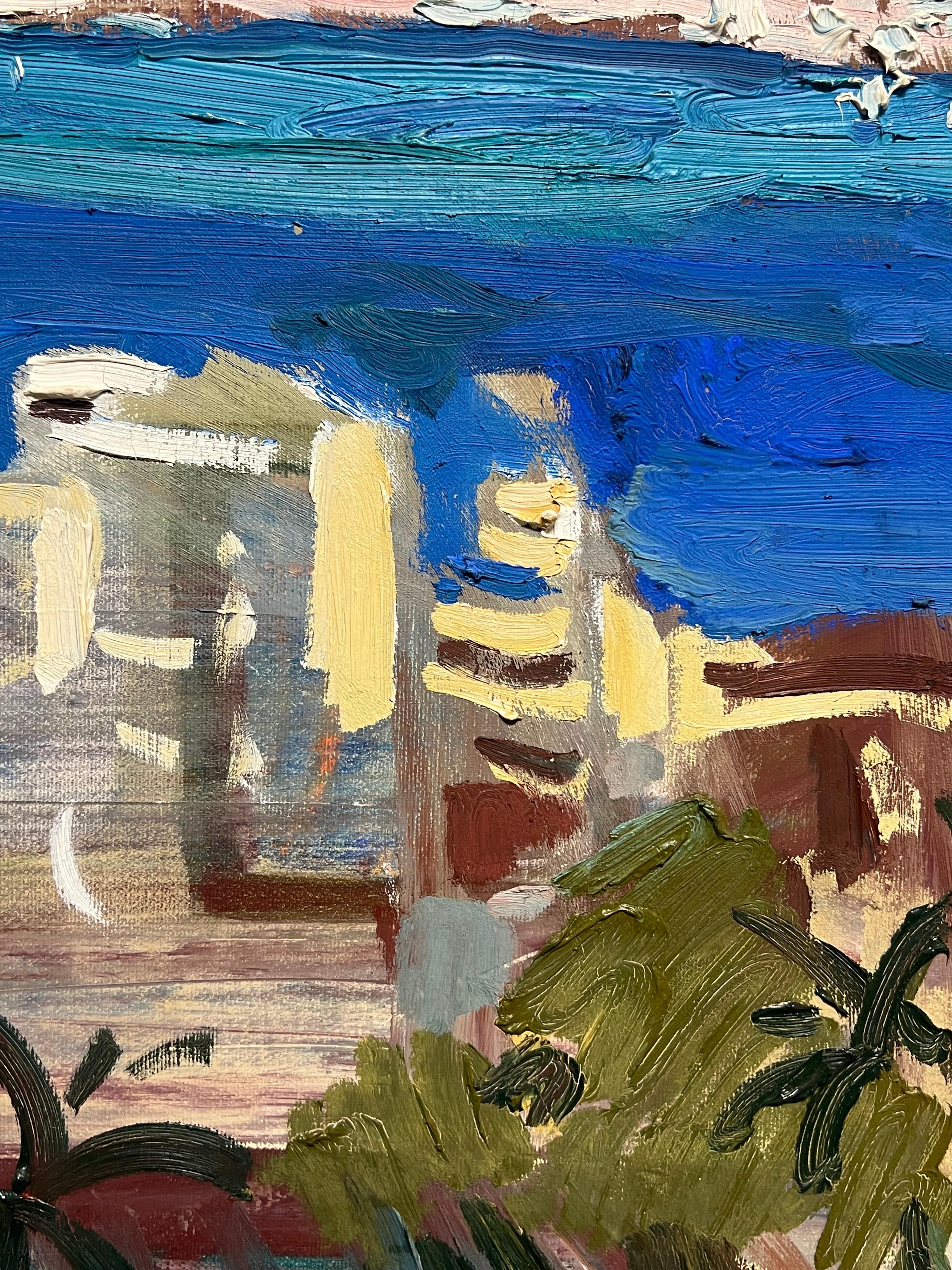 Peinture à l'huile moderniste française Nice Coastal Mediterranean French Rivera City en vente 2