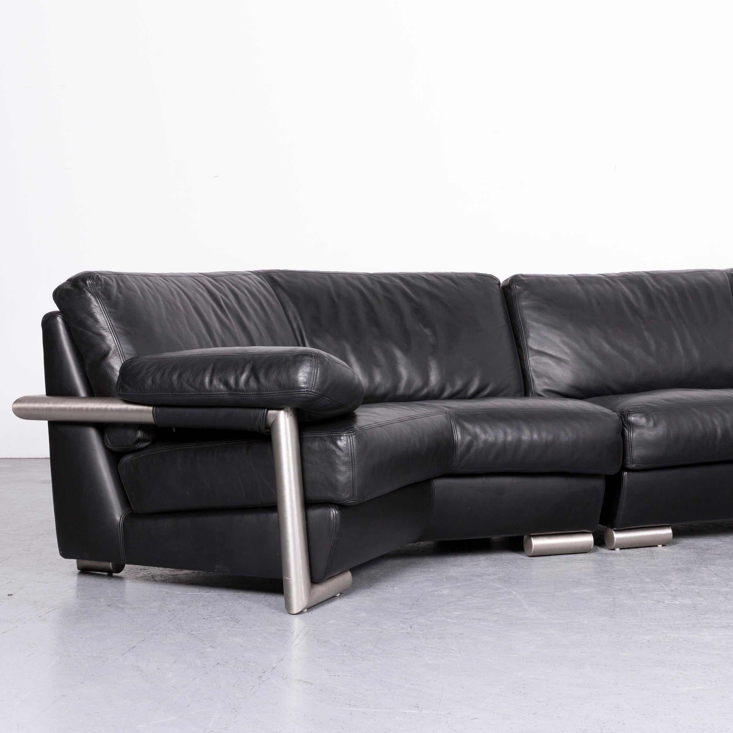 Swiss Artanova Medea Designer Black Leather Corner Sofa Couch For Sale