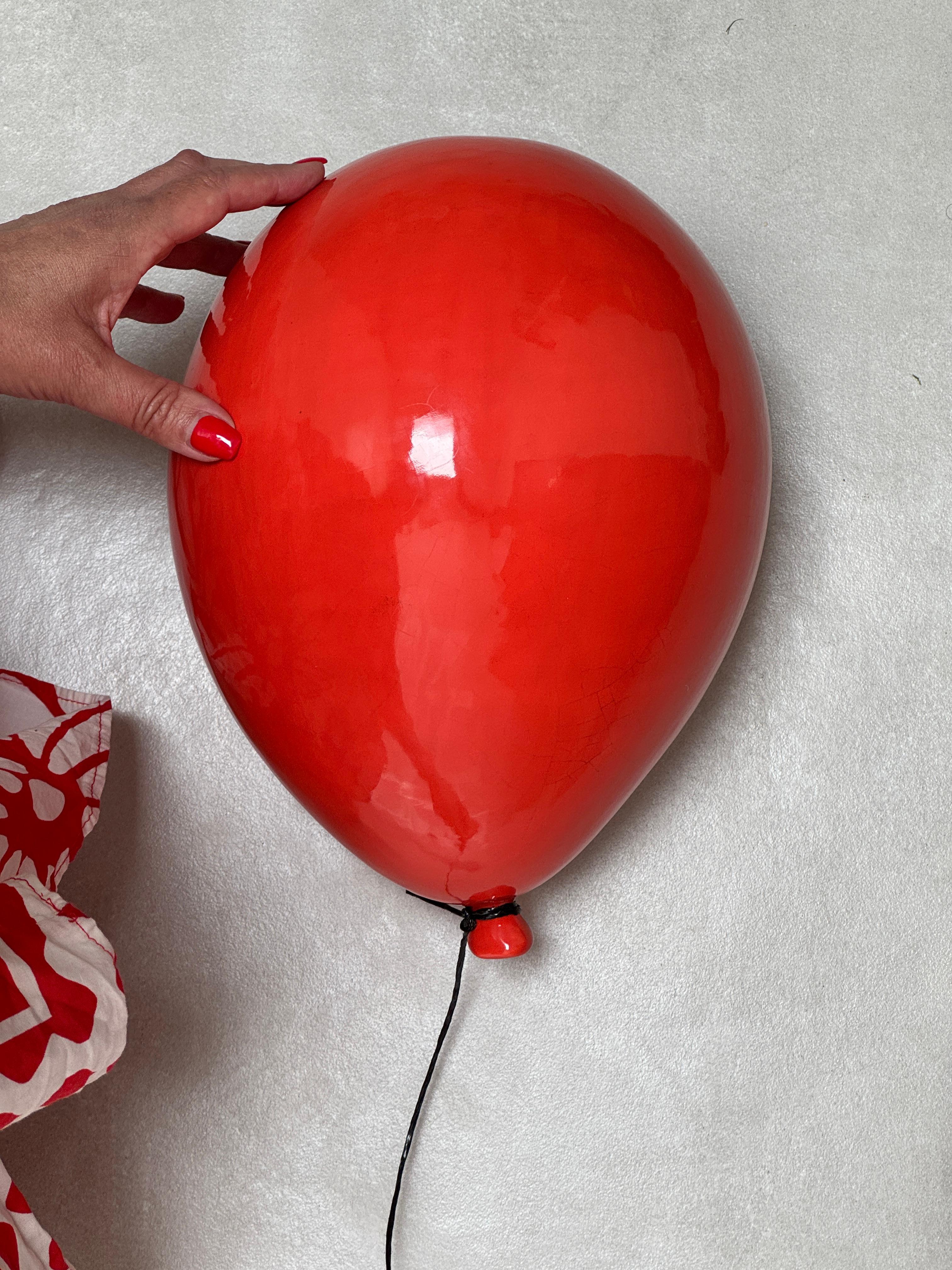 Deep Red glossy ceramic balloon sculpture handmade for wall, ceiling - Large - Gray Abstract Sculpture by ArtArsouf