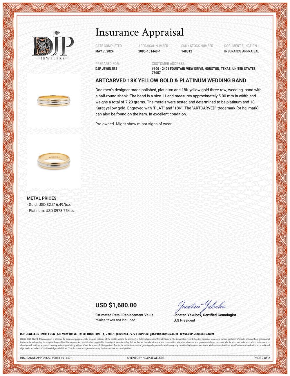 Artcarved 18K Yellow Gold & Platinum Wedding Band For Sale 1