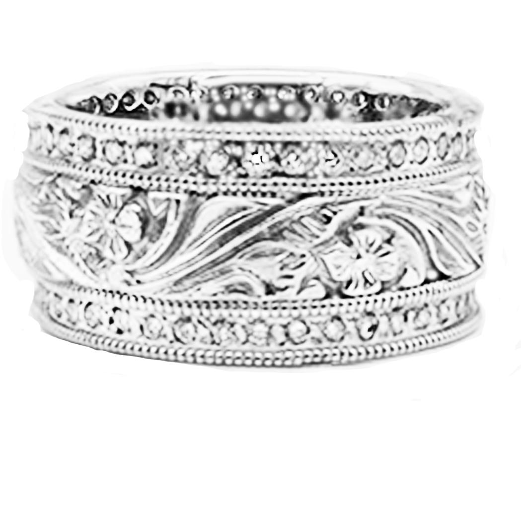 Artcarved, Eternity Diamond Band .75 Carat new condition with etching center in this 9mm wide band.
 
Ring size is 6.5
 Pave set diamonds are on each outer edge completing the diameter of the ring. 
 Weight of gold is 9.6 grams.  
  Quality of