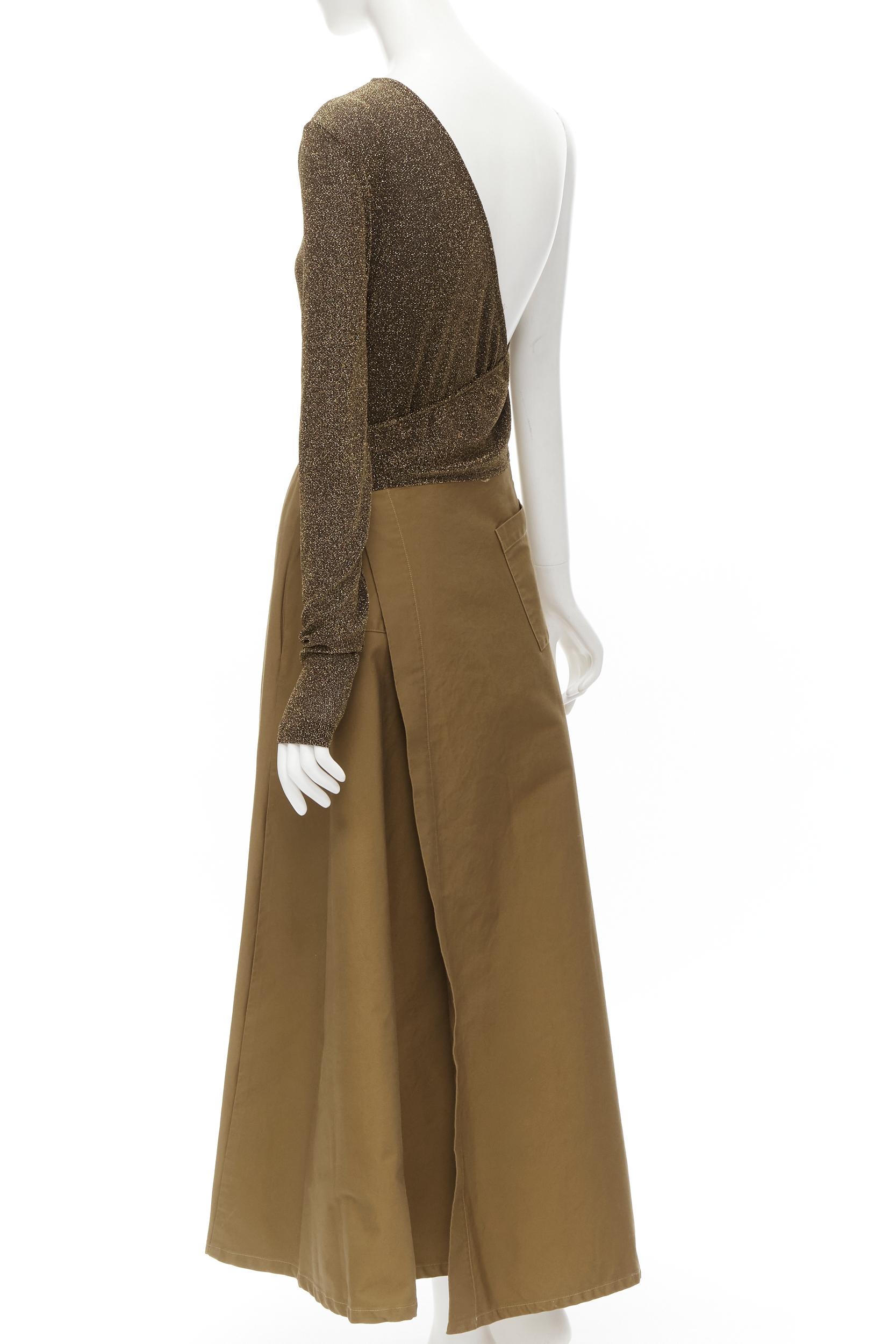 Women's ARTCLUB Casa Miller gold lurex brown cotton twill wrap maxi dress M For Sale