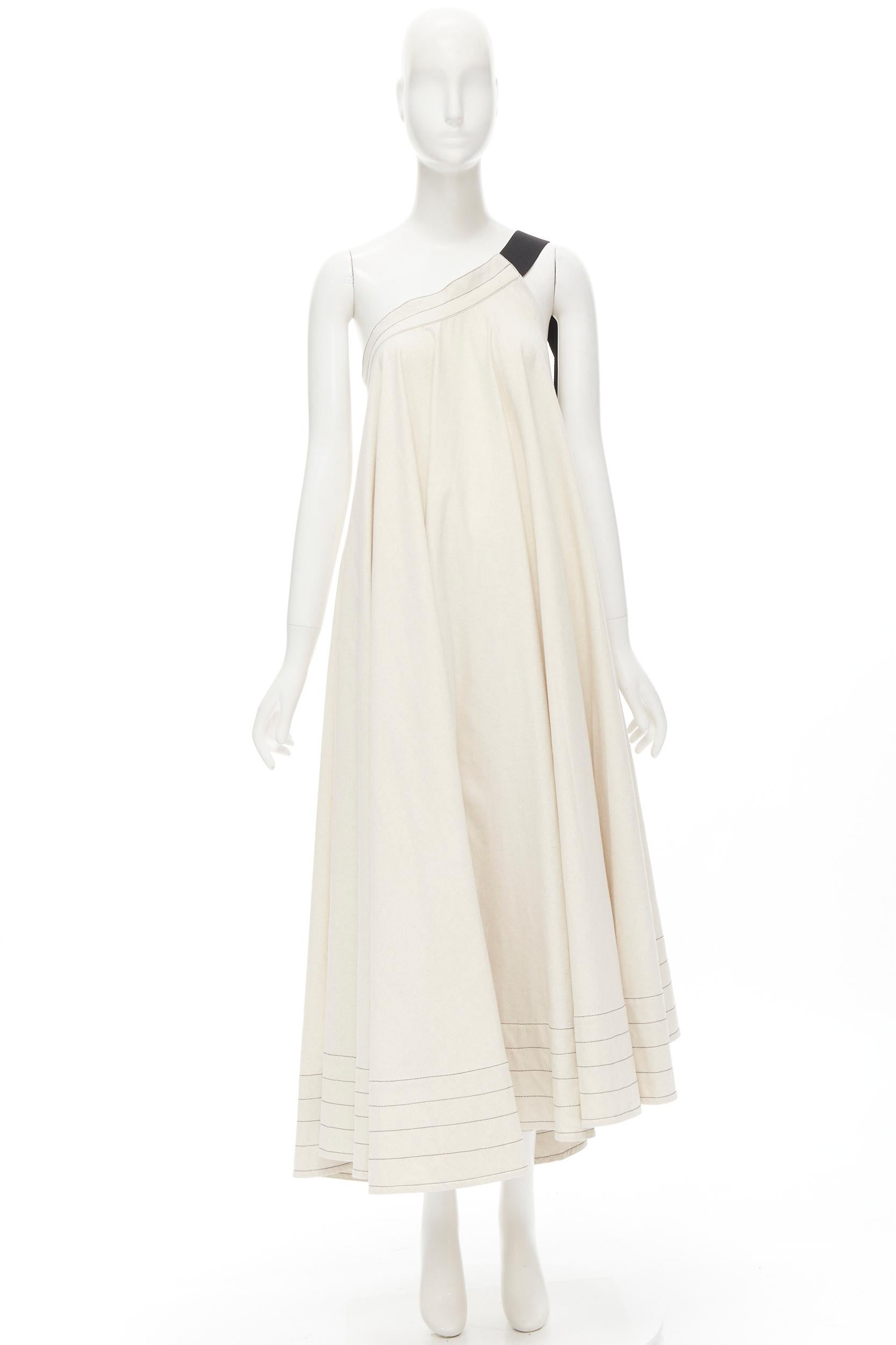 ARTCLUB natural beige 100% linen black one shoulder tent dress  S For Sale 4