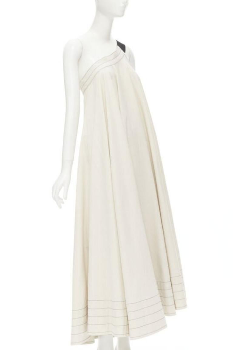 Beige ARTCLUB natural beige 100% linen black one shoulder tent dress  S