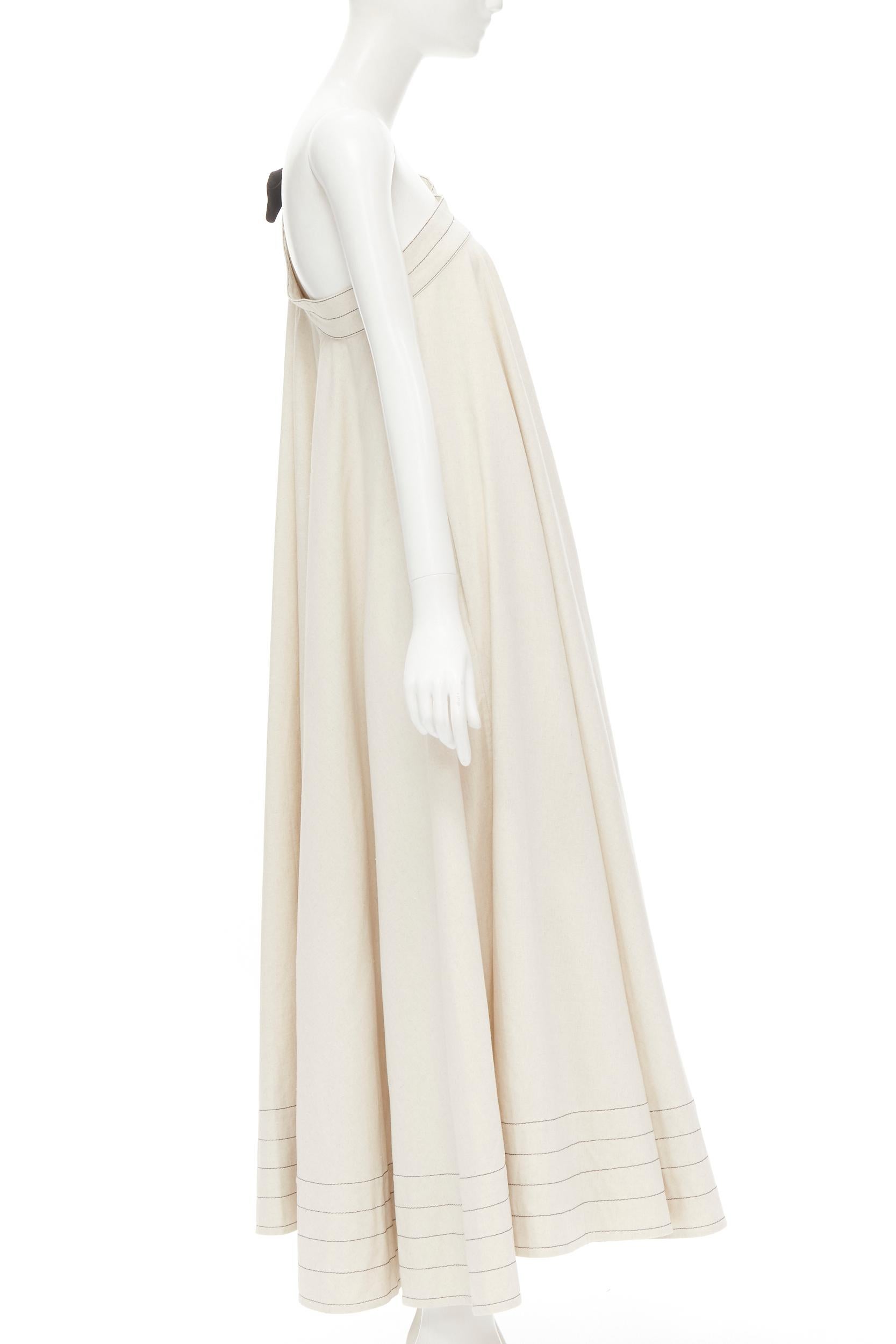 Beige ARTCLUB natural beige 100% linen black one shoulder tent dress  S For Sale