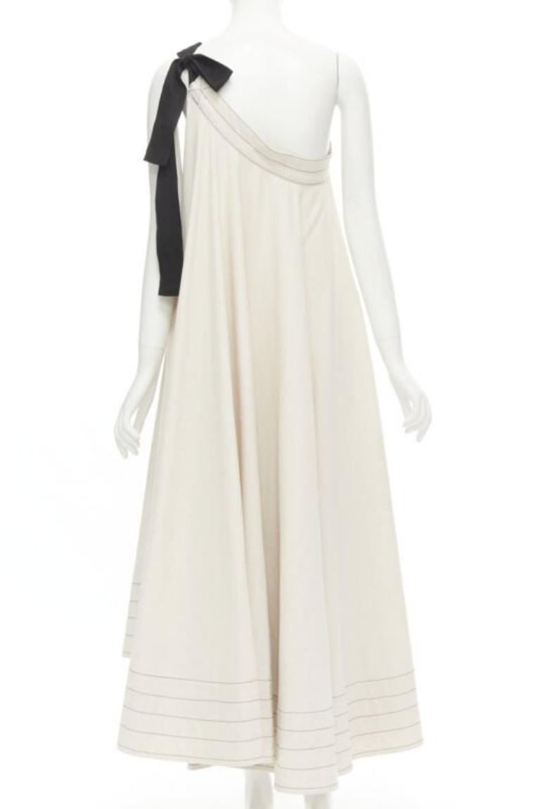 Women's ARTCLUB natural beige 100% linen black one shoulder tent dress  S
