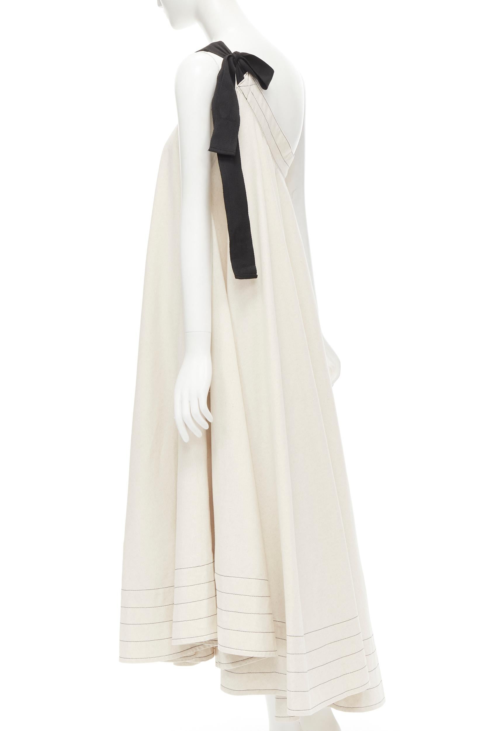 Women's ARTCLUB natural beige 100% linen black one shoulder tent dress  S For Sale