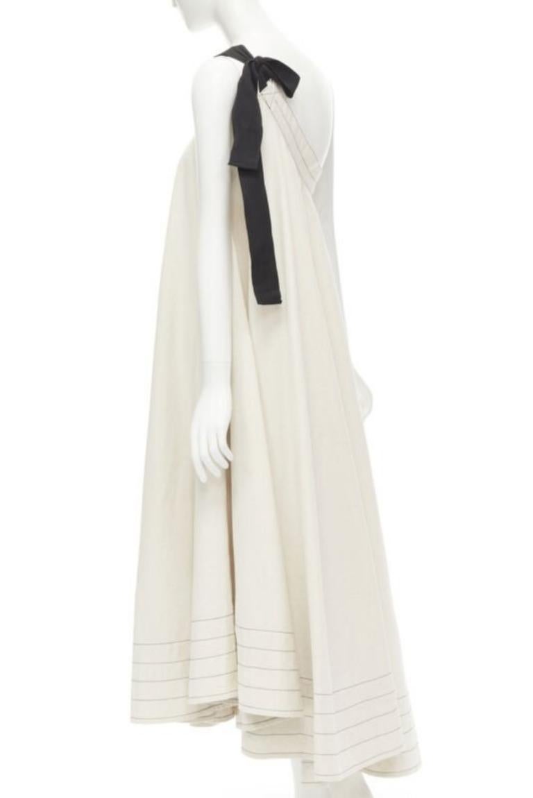 ARTCLUB natural beige 100% linen black one shoulder tent dress  S 1