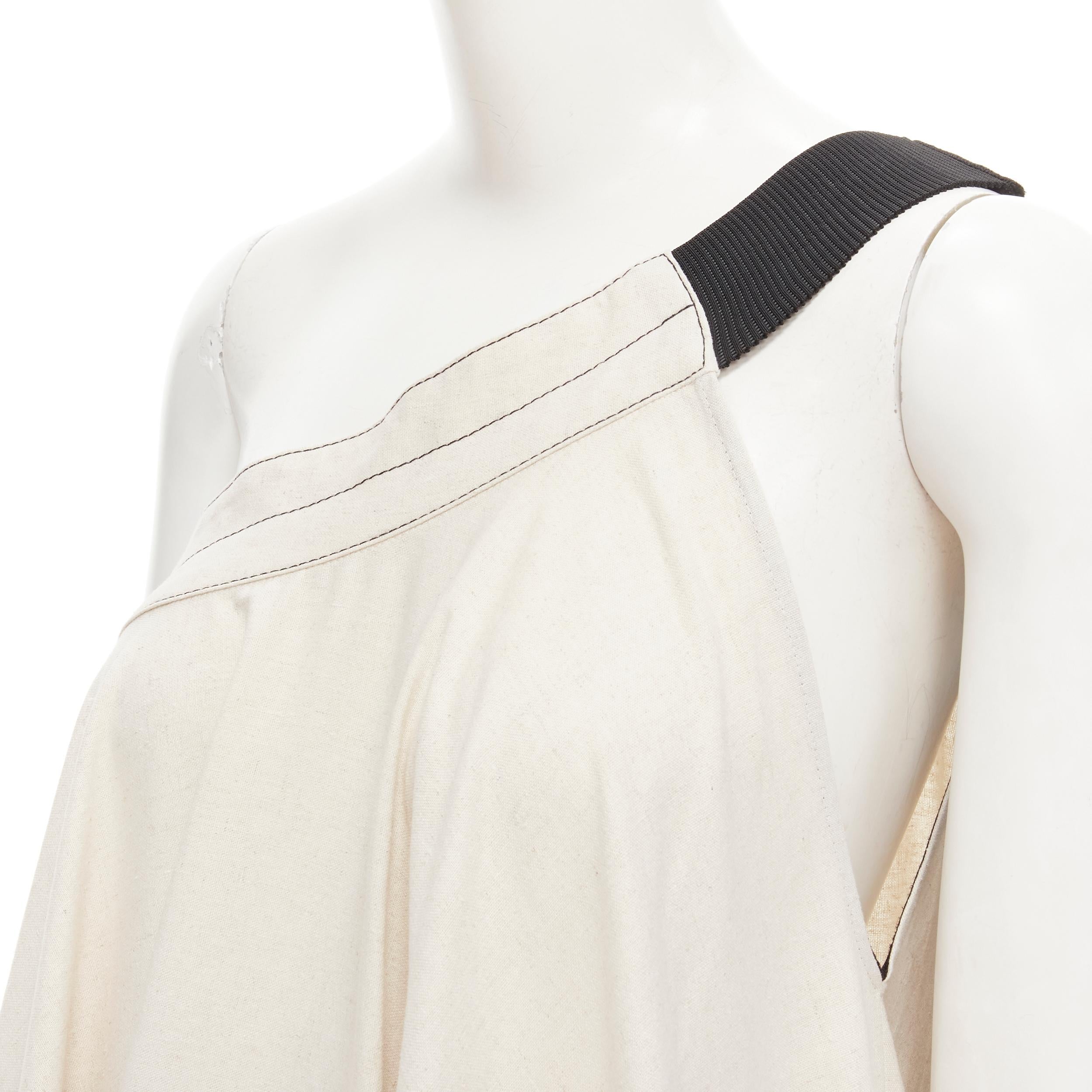ARTCLUB natural beige 100% linen black one shoulder tent dress  S For Sale 1