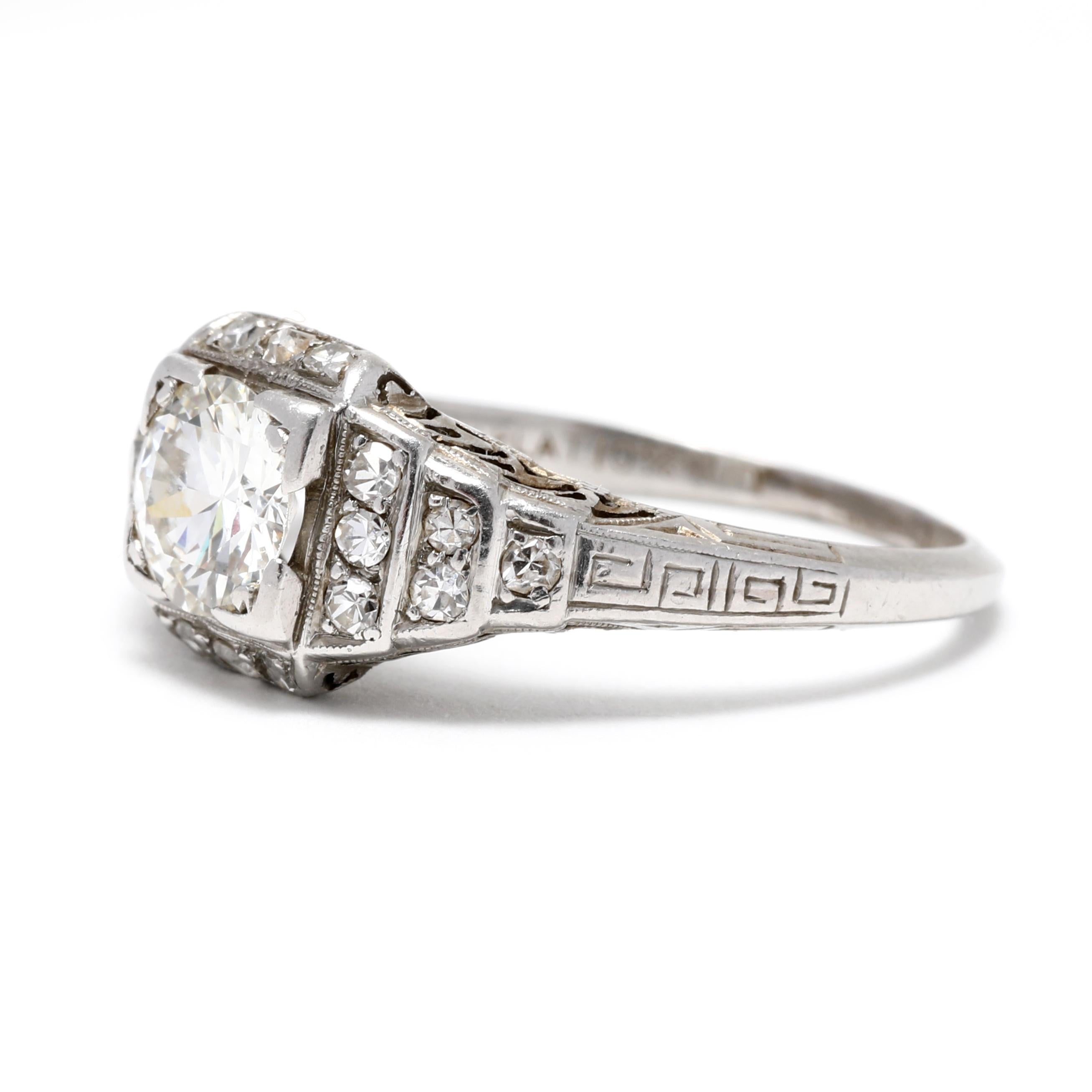 Women's or Men's Art Deco 0.88ctw Old European Cut Diamond Engagement Ring, Platinum, Ring For Sale