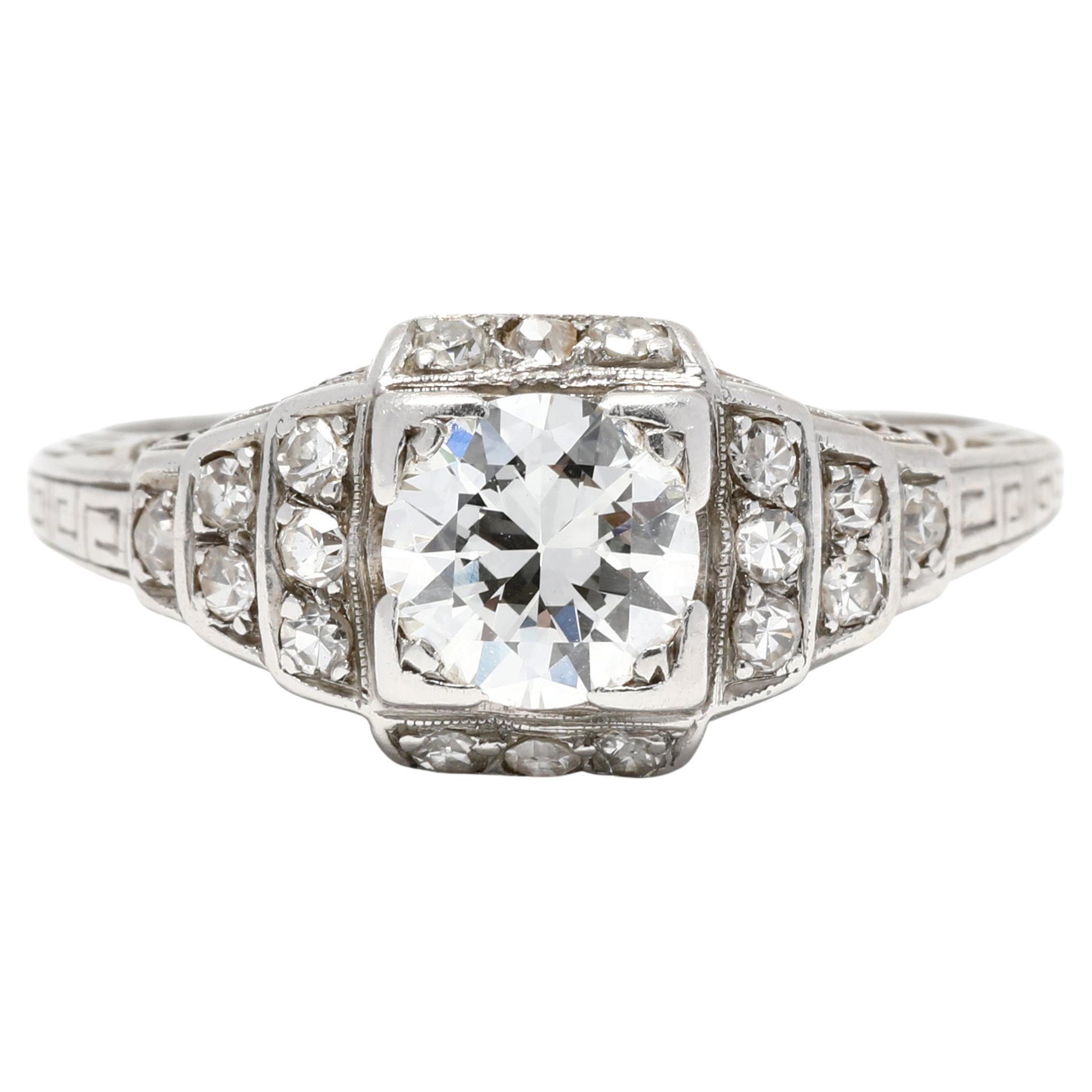 Art Deco 0.88ctw Old European Cut Diamond Engagement Ring, Platinum, Ring For Sale