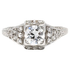 Art Deco 0,88 Karat Diamant-Verlobungsring aus Platin mit alteuropäischem Schliff, Platin, Ring