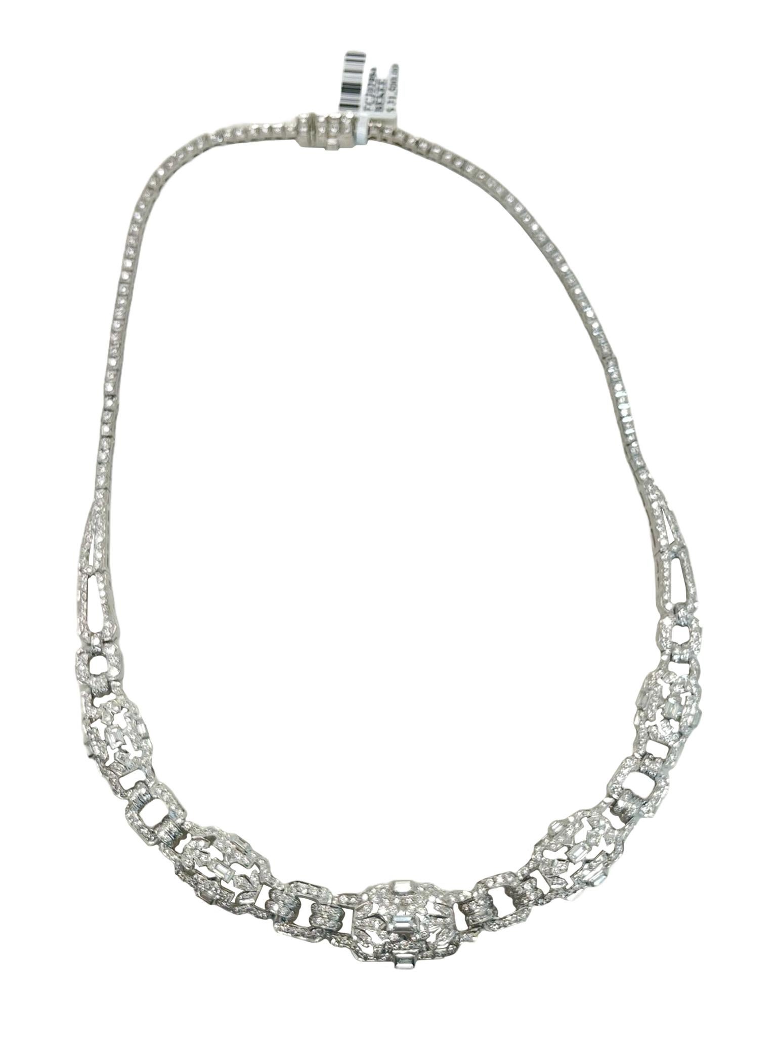 ArtDeco 12.85ctw Platinum Round Emerald Cut Diamond VS1 Clarity Necklace In Excellent Condition For Sale In Aventura, FL