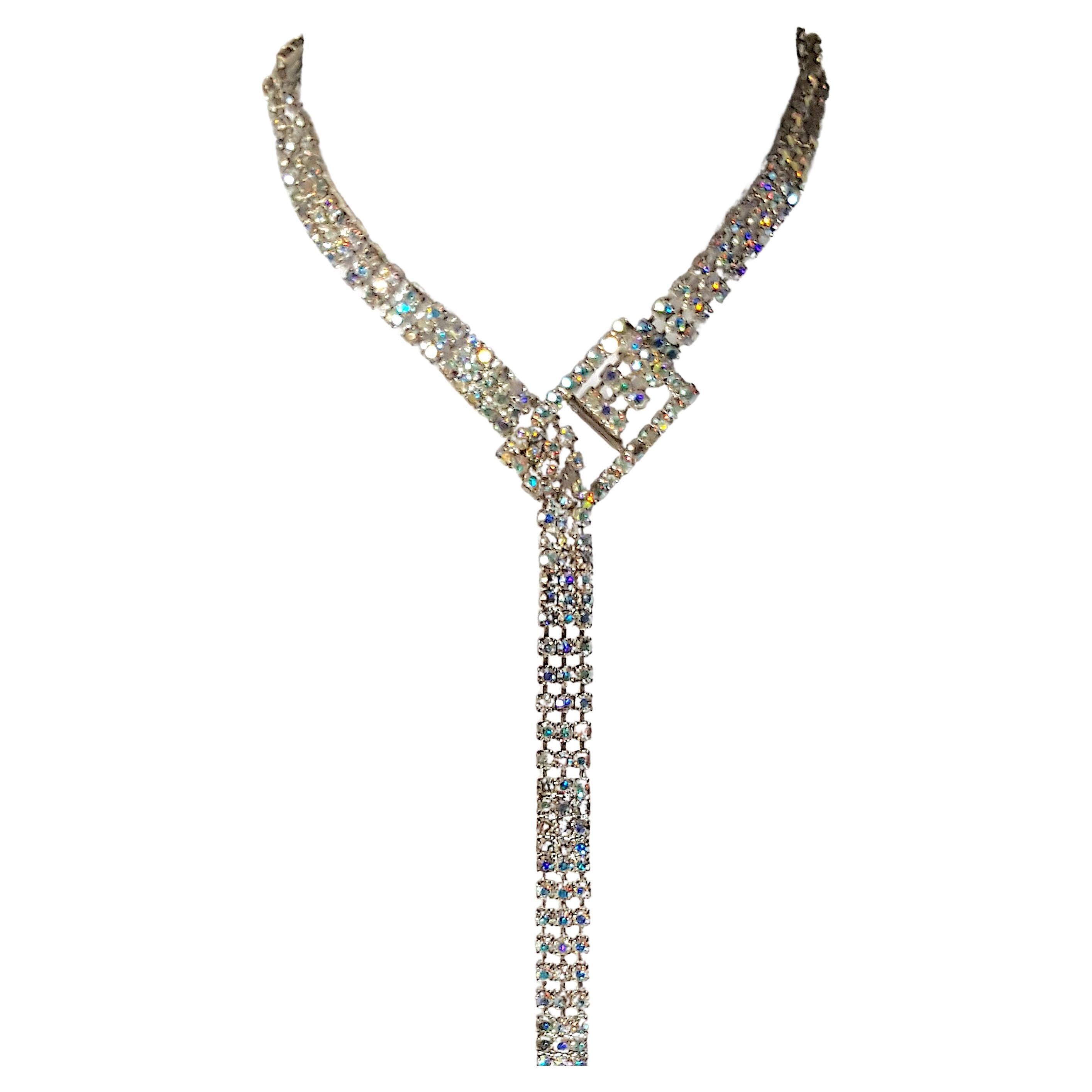 Art Deco 491 ProngSetCrystals Schreiner Style SilberSolder 35" Gürtel ChokerNecklace im Angebot
