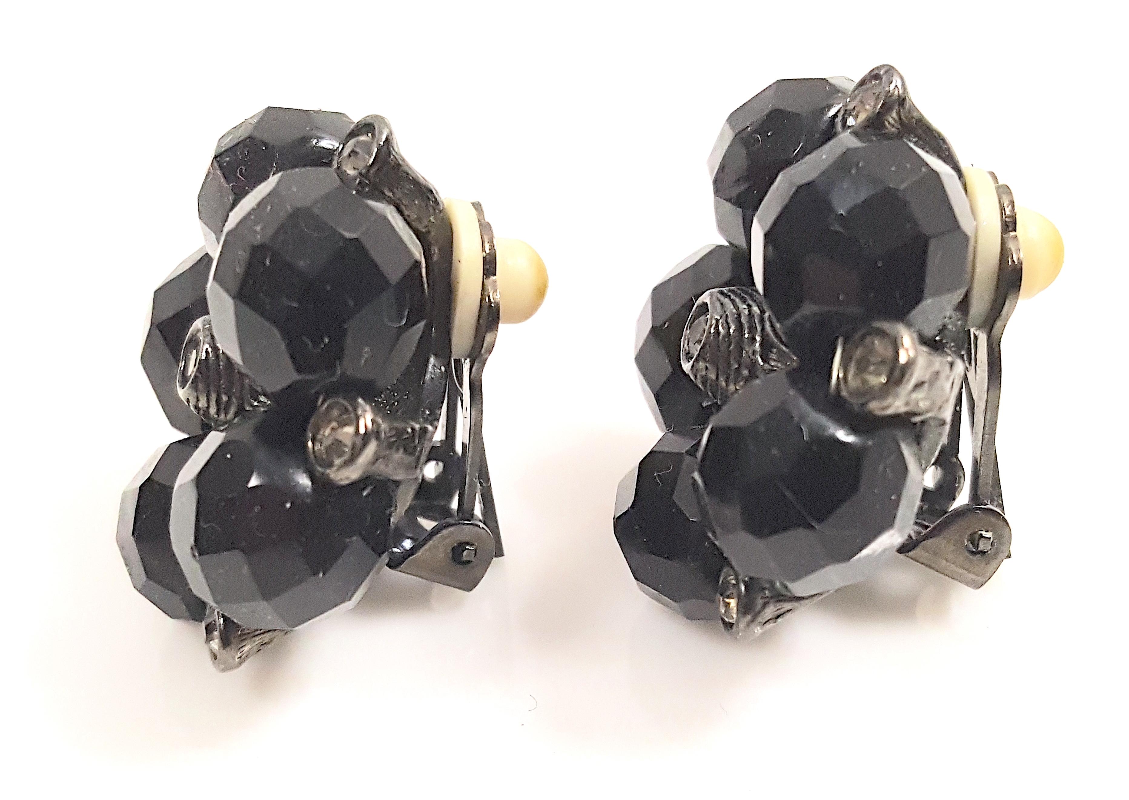 Art Deco 5Schwarze facettierte Diamanten-Spinels 6 Lünettenfassungen Cognacfarbene Diamanten-Ohrringe aus Seidenguss im Angebot 1