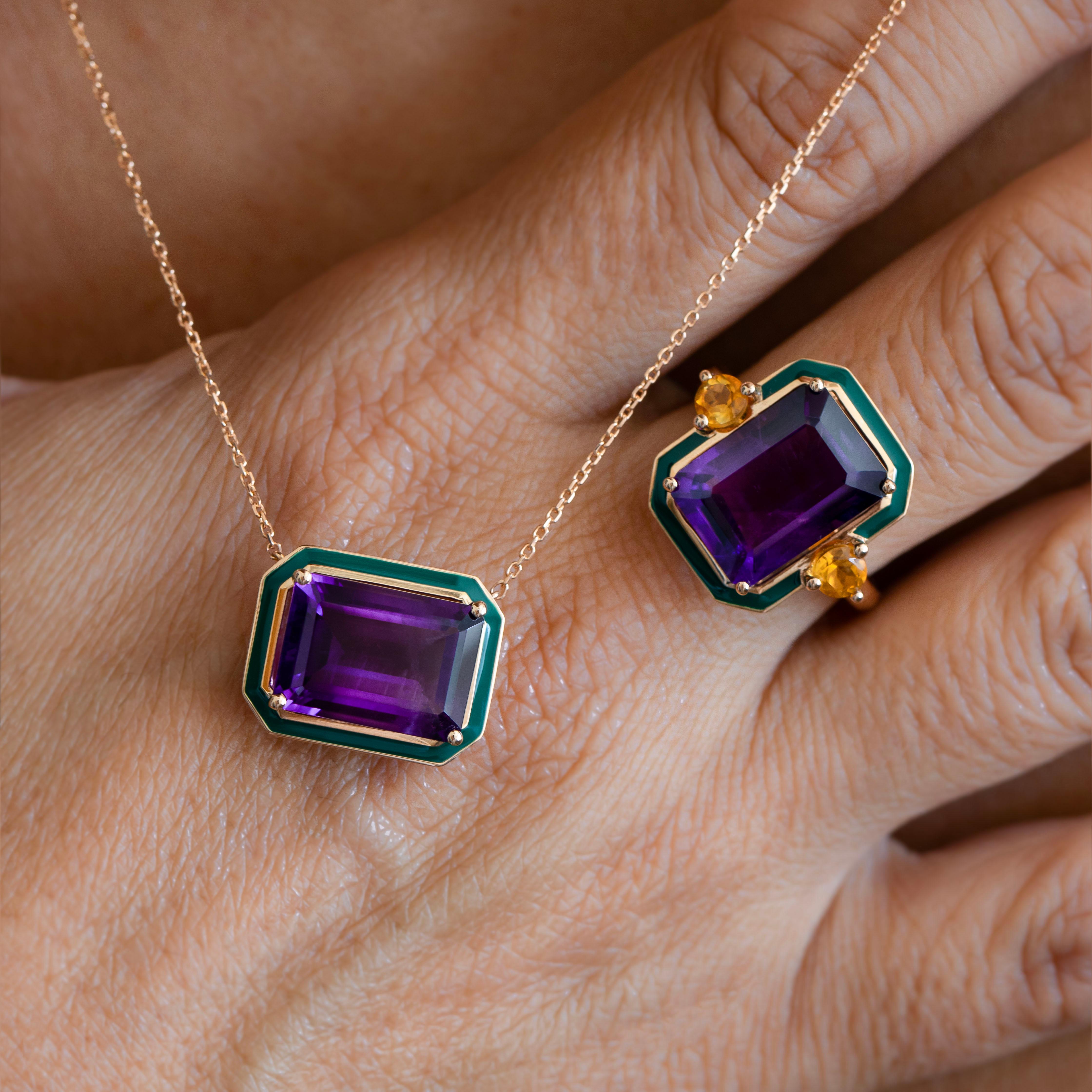 Emerald Cut Artdeco and Cocktail Ring, Amethyst and Citrine Stone Ring, 14K Gold Ring For Sale