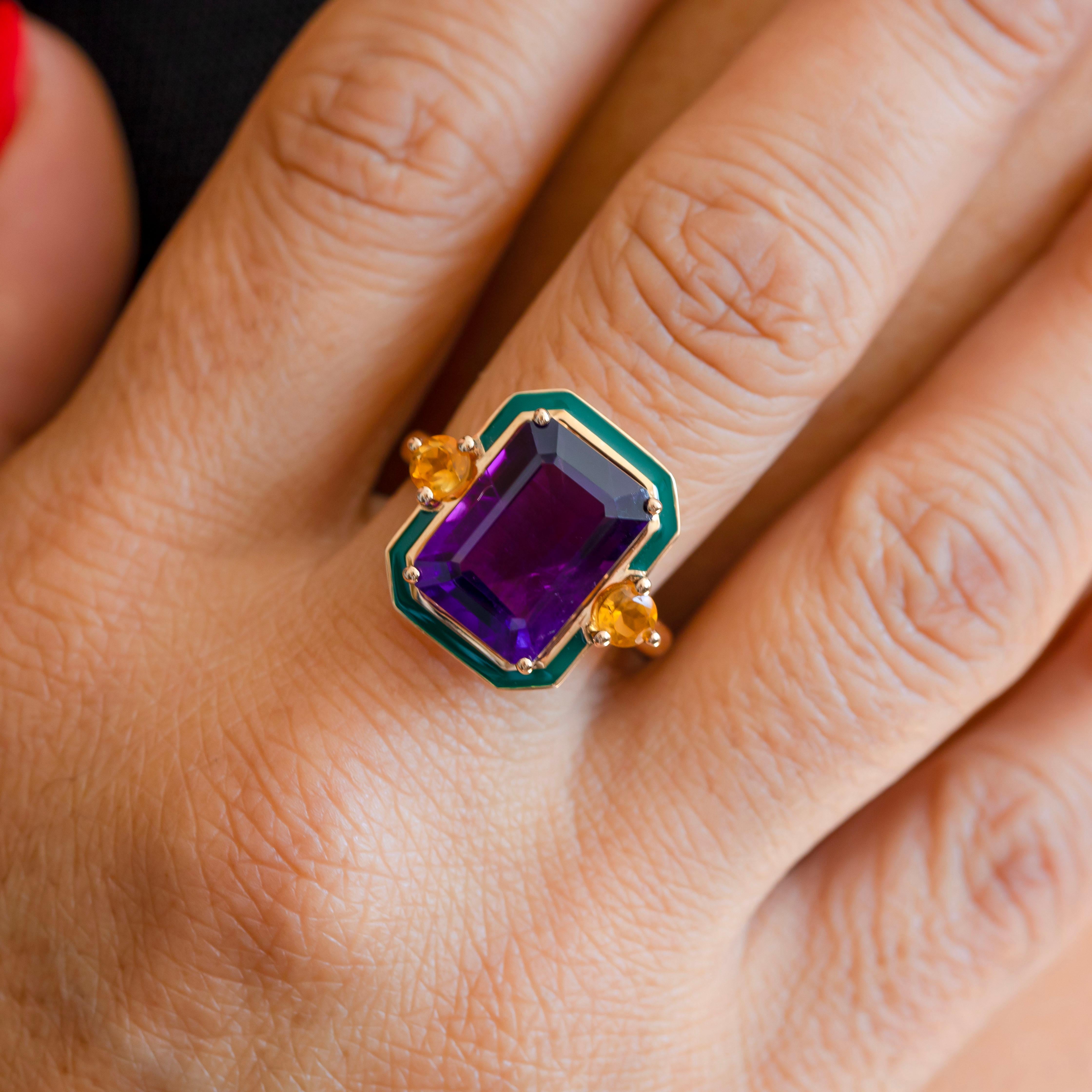 Artdeco and Cocktail Ring, Amethyst and Citrine Stone Ring, 14K Gold Ring In New Condition For Sale In ISTANBUL, TR