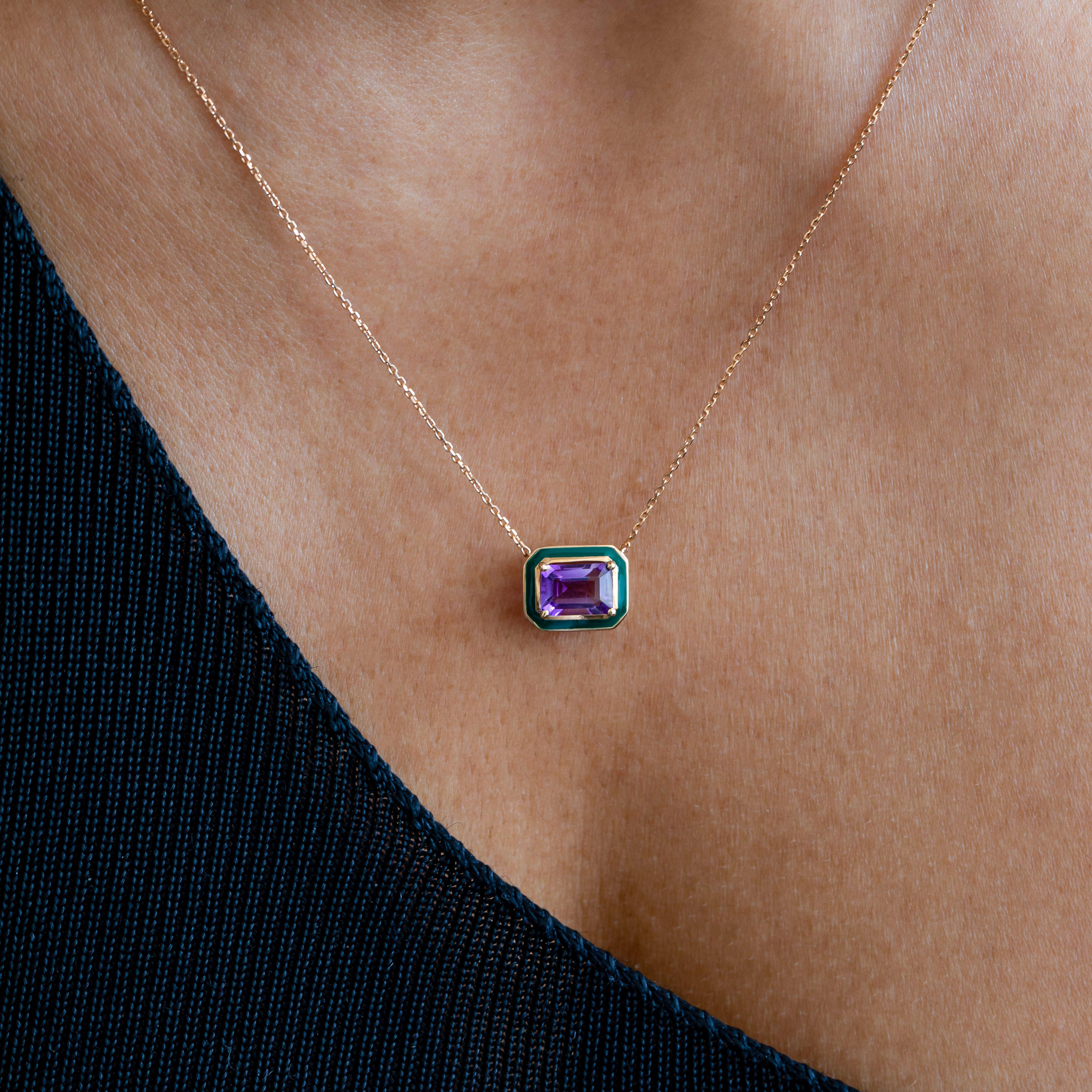 Emerald Cut Artdeco and Pendant Necklace, Amethyst Stone Necklace, 14K Gold For Sale