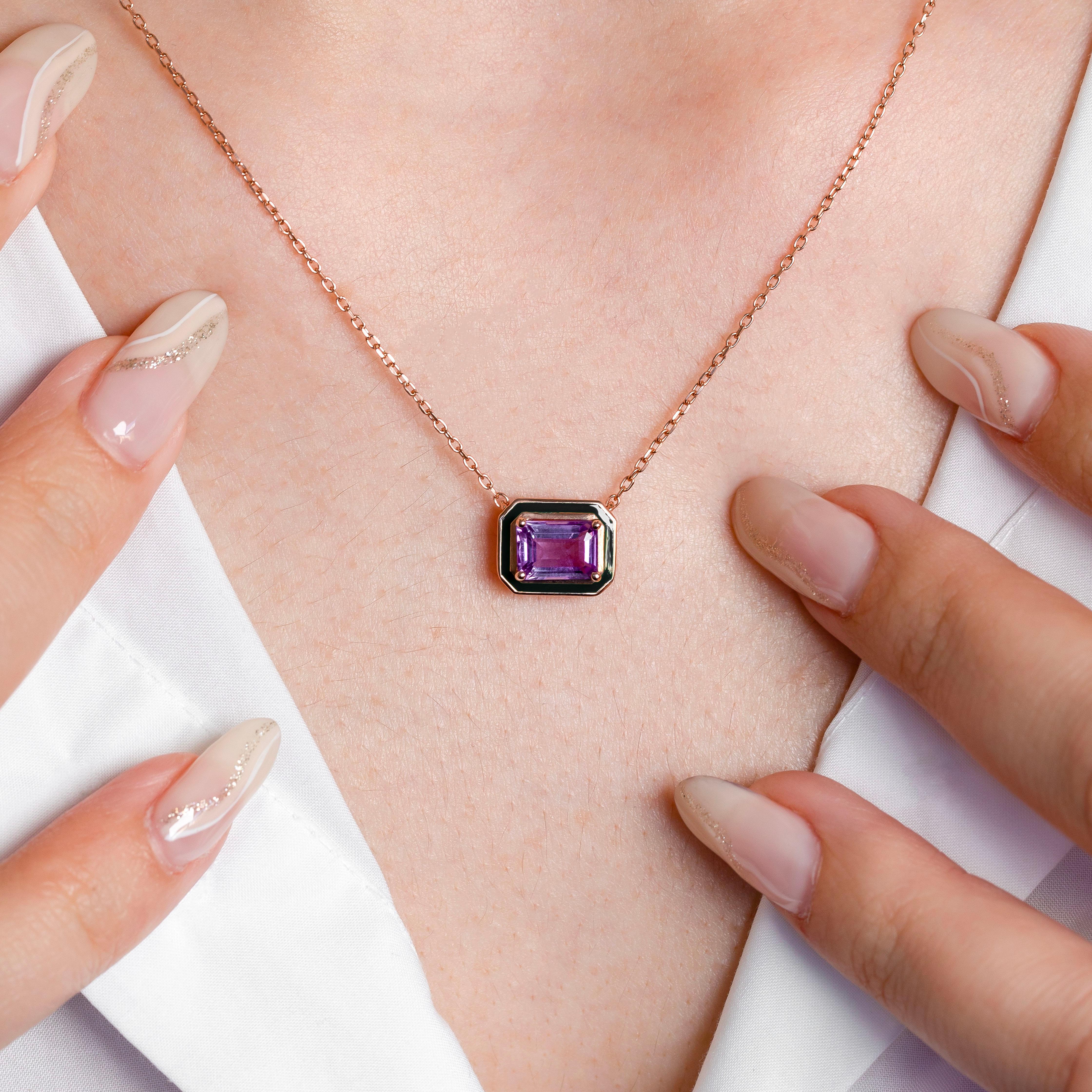 Women's Artdeco and Pendant Necklace, Amethyst Stone Necklace, 14K Gold For Sale