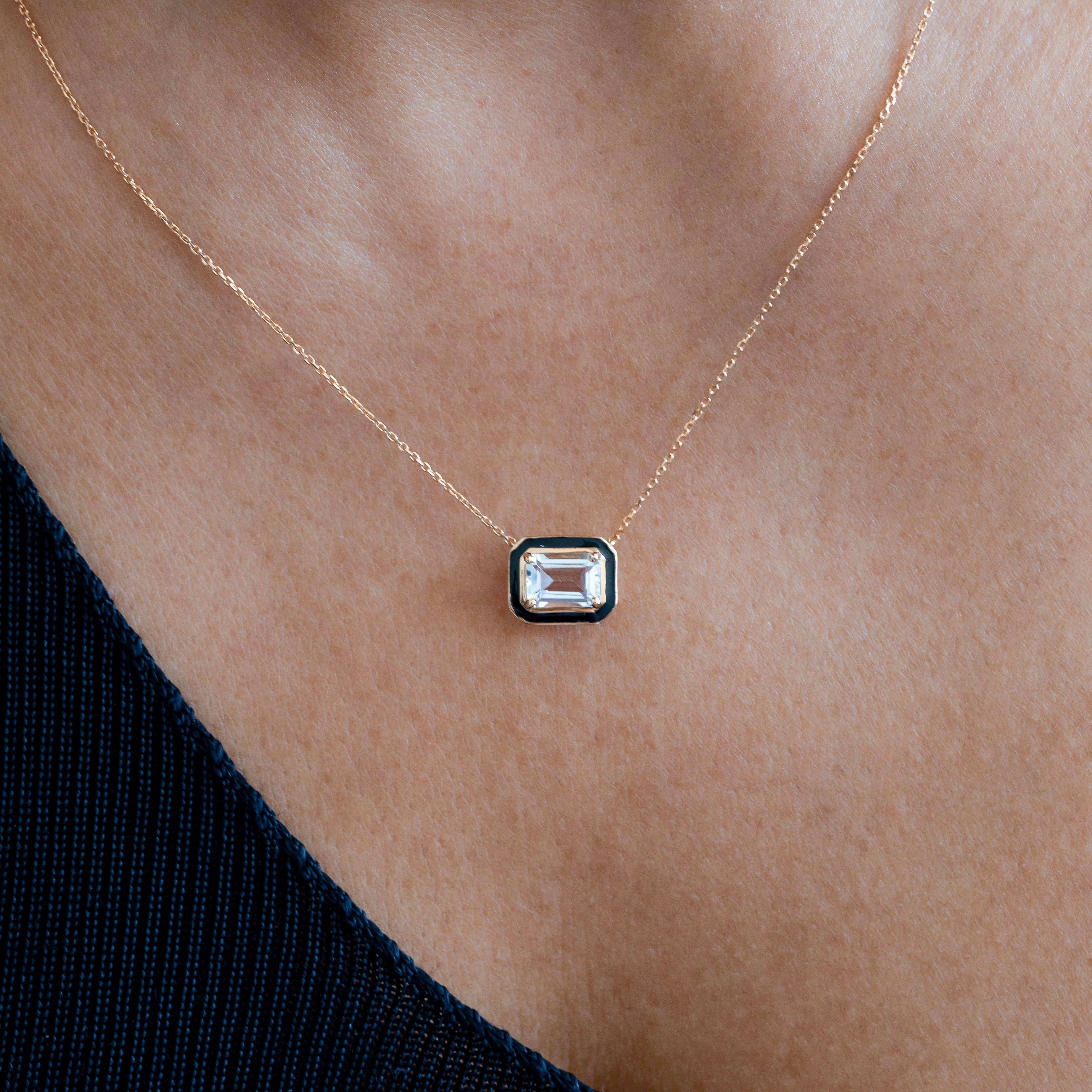 Emerald Cut Artdeco and Pendant Necklace, Topaz Stone Necklace, 14K Gold For Sale