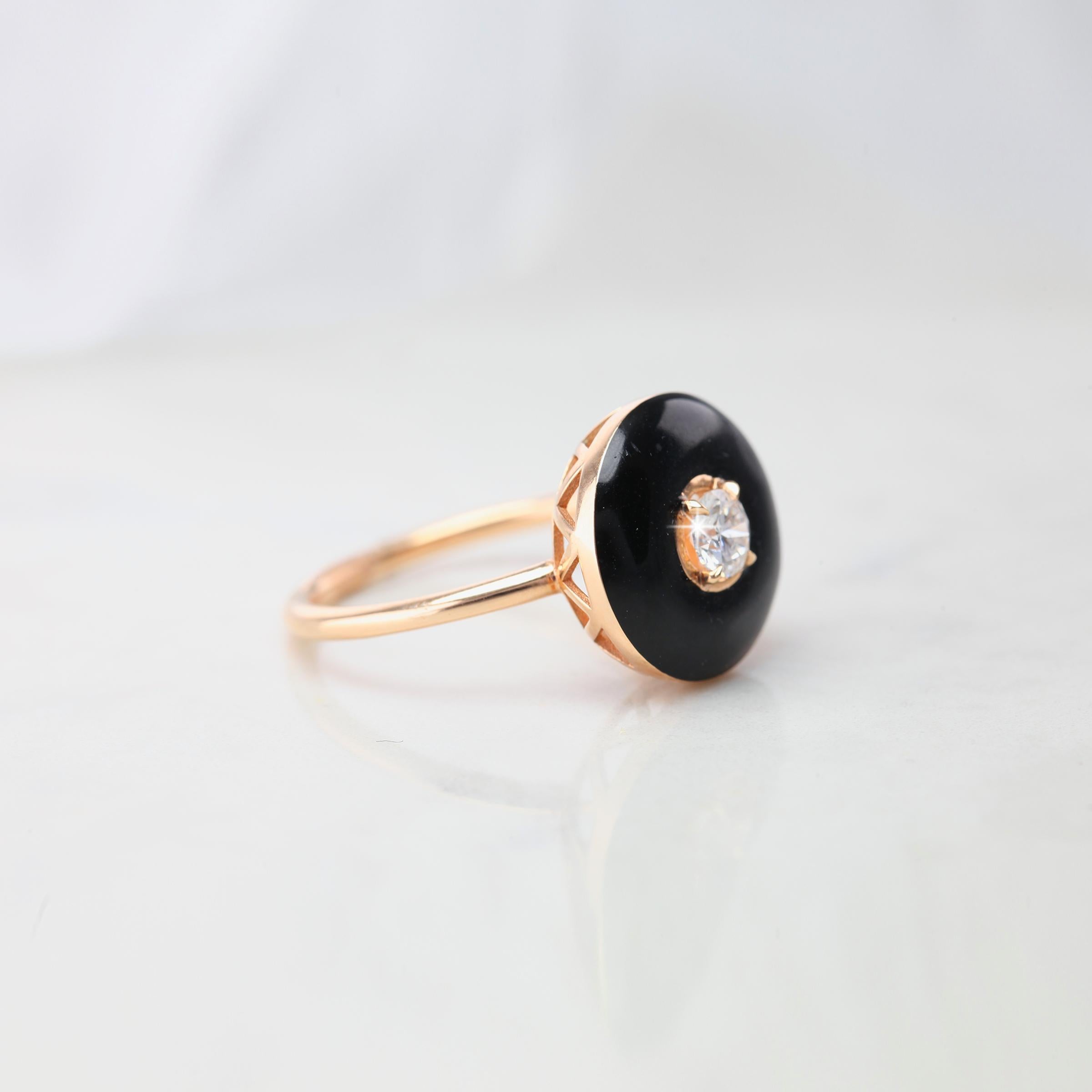 Art Deco Diamond Ring, Artdeco Pear Shape Rosecut Black Enameled Rose Gold Ring With Pave Setting Engagement Statement Ring created by hands from ring to the stone shapes. 

I used brillant black enameled to reveal an artdeco style round shape