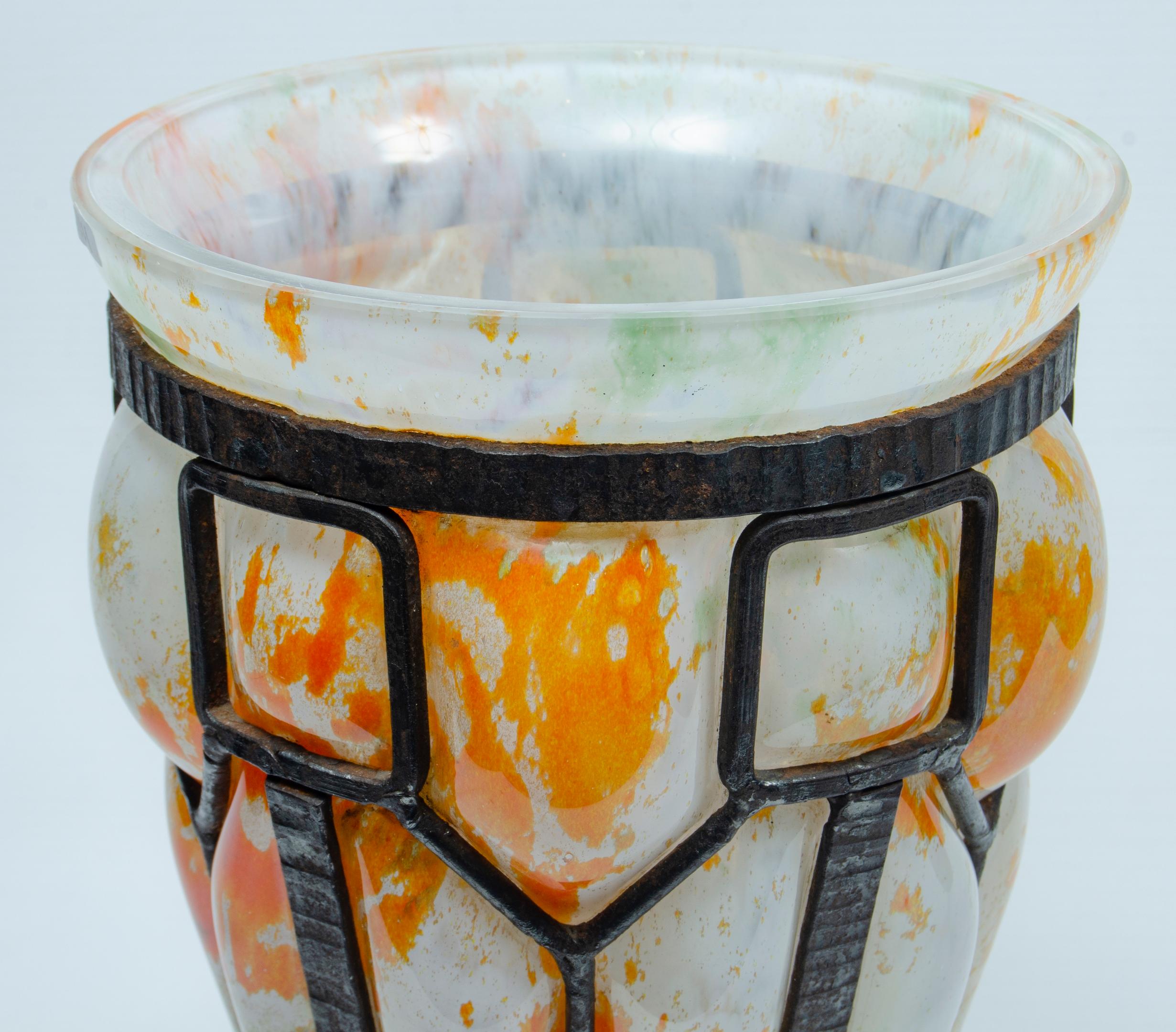 Artdeco blown iron glass attributed to Lorraine Origin France Circa 1930 Perfect condition colors orange and white.