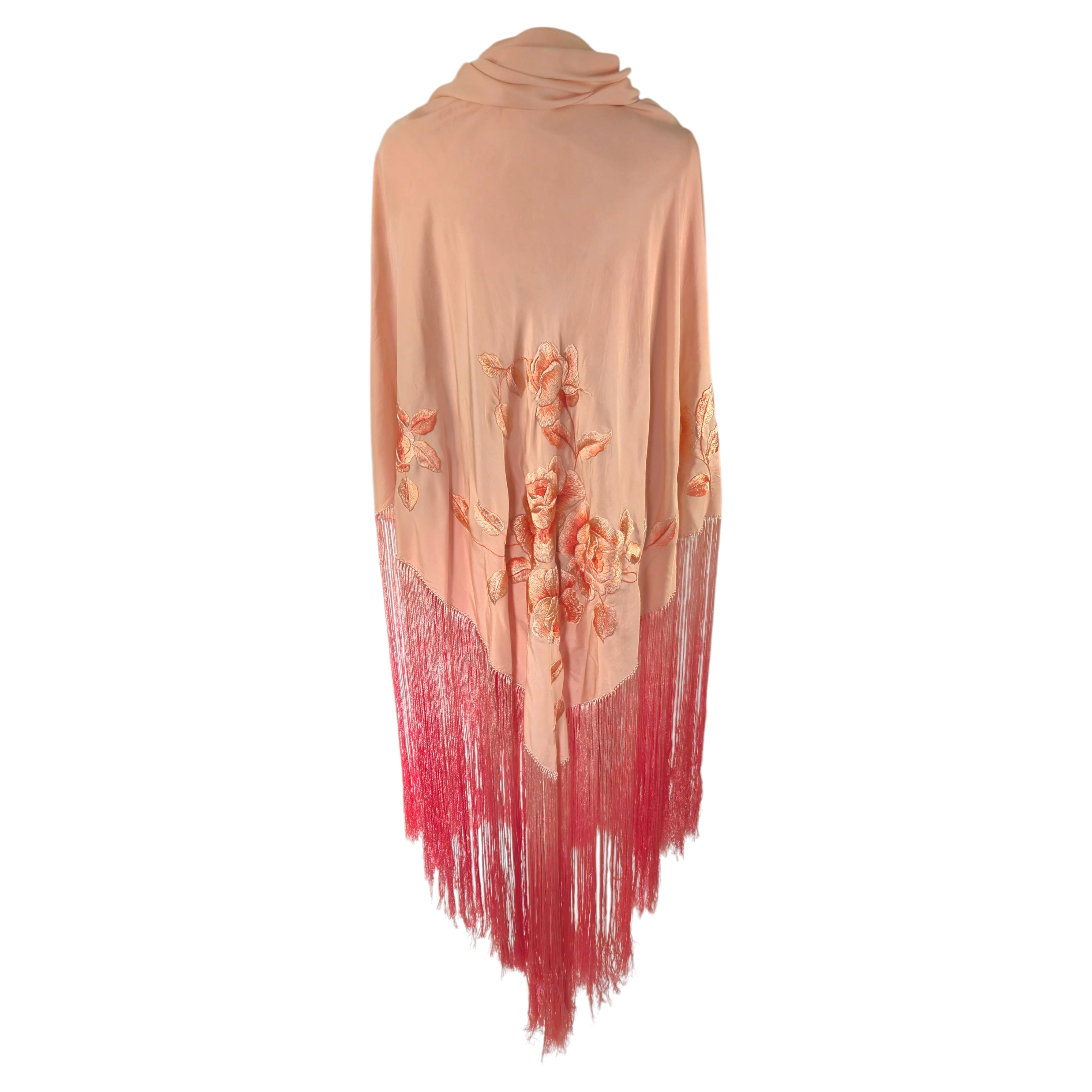 Couture French Silk Vionnet Like Rose Ombre Embroidery Fringe Shawl c1925