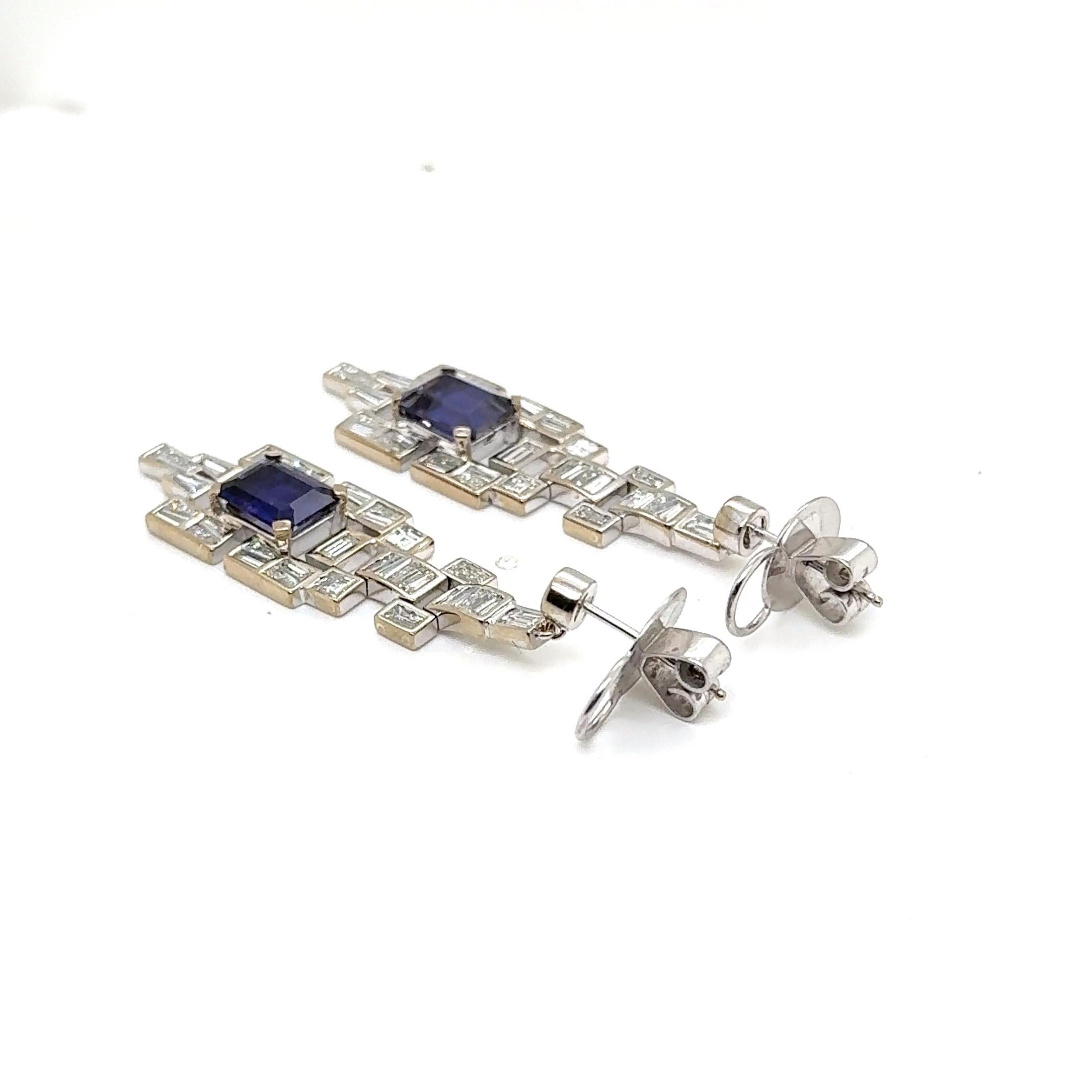 Art Déco Art deco Earrings Baguettes and Iolite Diamonds 2.48 carats 2 Iolite 3.73 carats in vendita