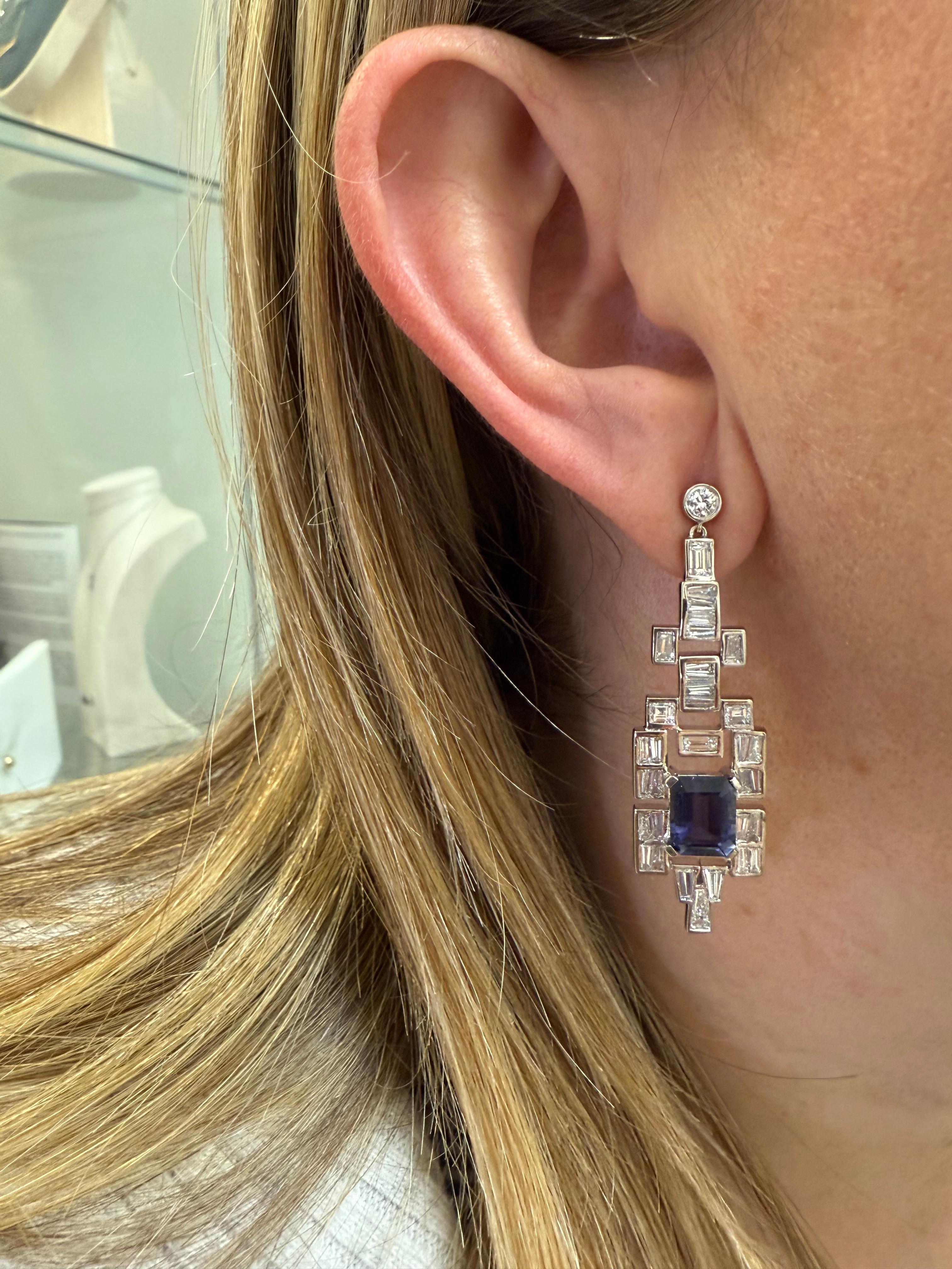Donna Art deco Earrings Baguettes and Iolite Diamonds 2.48 carats 2 Iolite 3.73 carats in vendita
