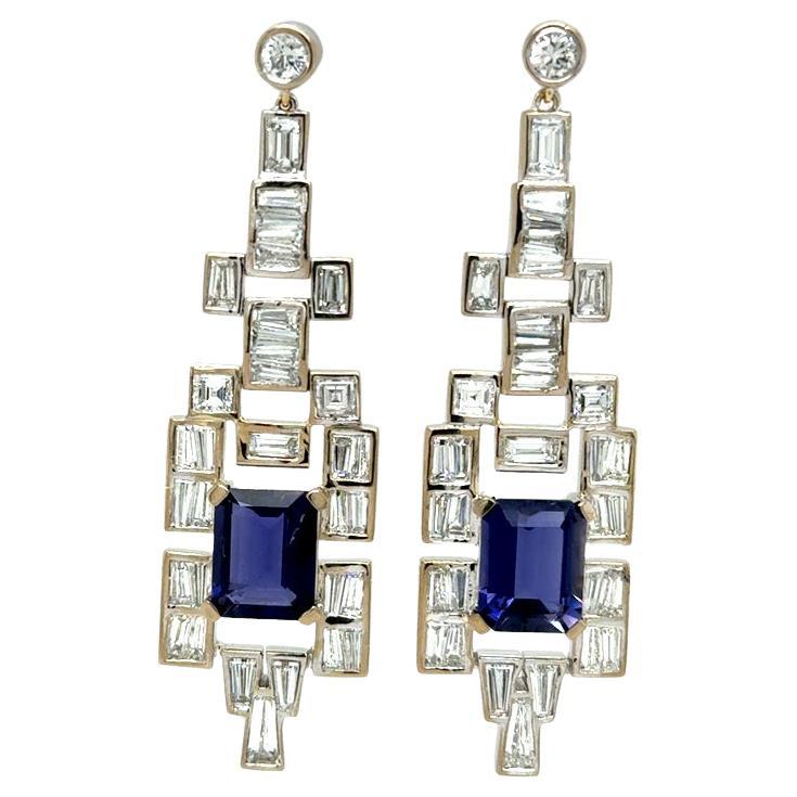 Art deco Earrings Baguettes and Iolite Diamonds 2.48 carats 2 Iolite 3.73 carats in vendita