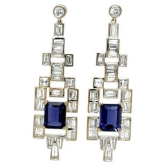 Art deco Earrings Baguettes and Iolite Diamonds 2.48 carats 2 Iolite 3.73 carats