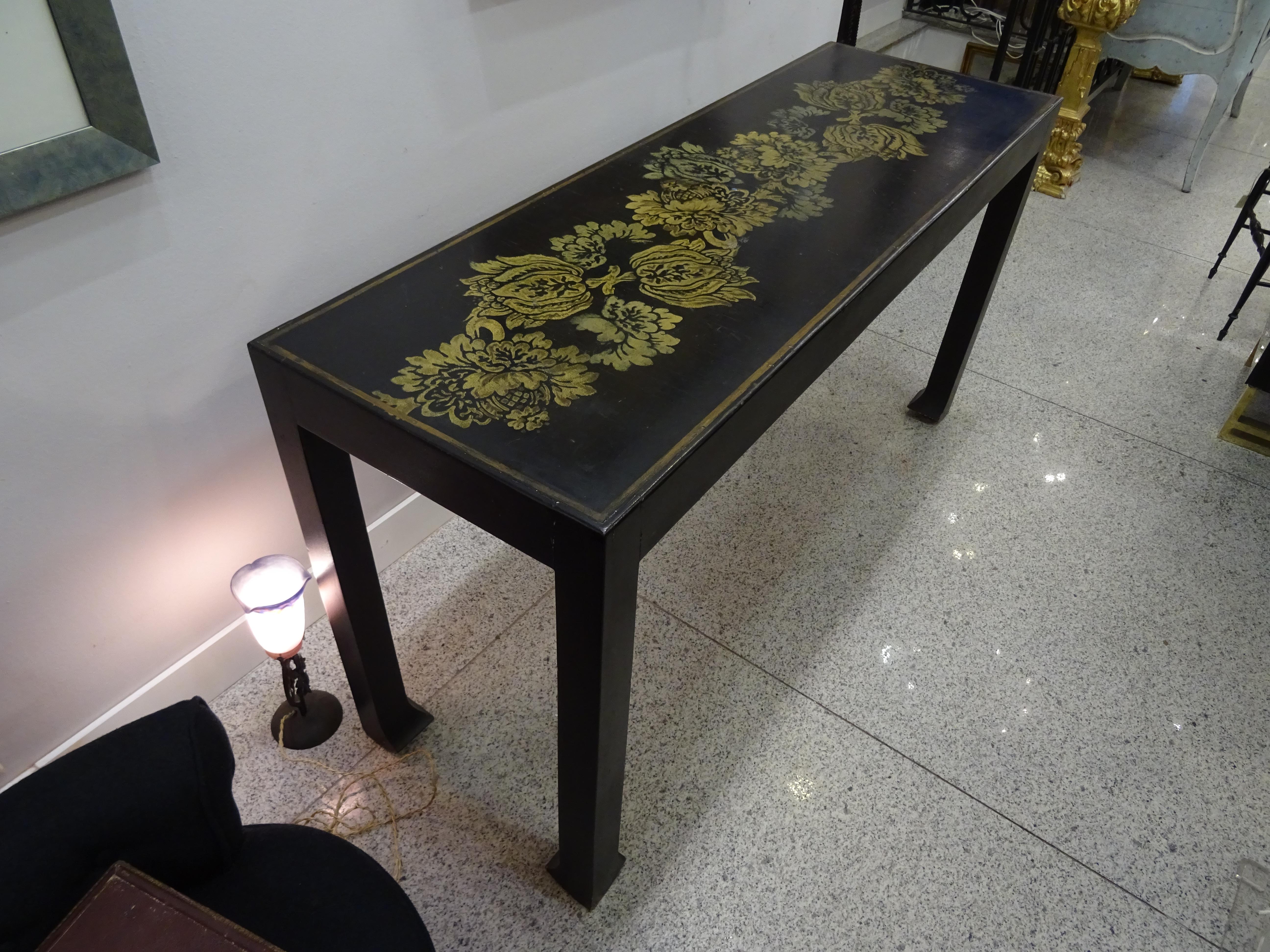 Art Deco Paul Poiret  Console Black wood , Golden Flowers by Atelier Martine,  In Good Condition In Valladolid, ES
