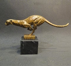Artdeco French Bronze Sculpture Cheetah Brown, Black Marble