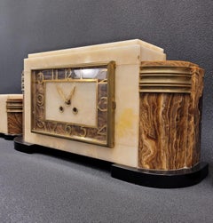 Artdeco French Marble Grey Yellow, Black Mantel Clock with 2 More Pieces