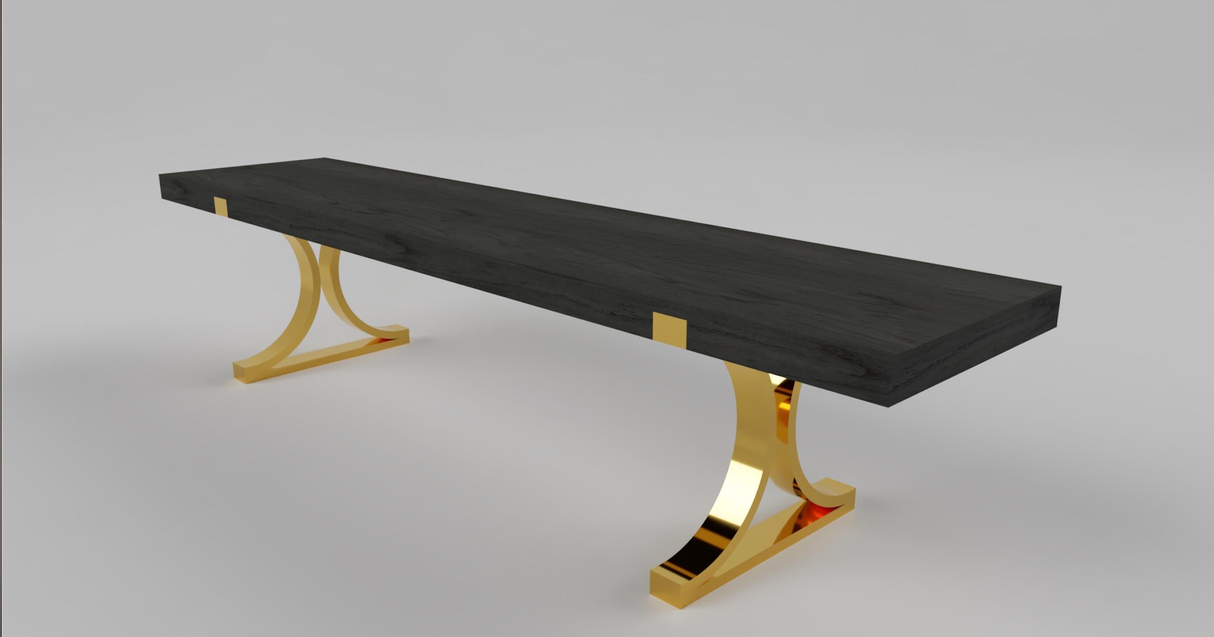Art Deco Inspired Vesta Dining Table in Antique Brass Tint  &Wood Veneer Surface For Sale 7